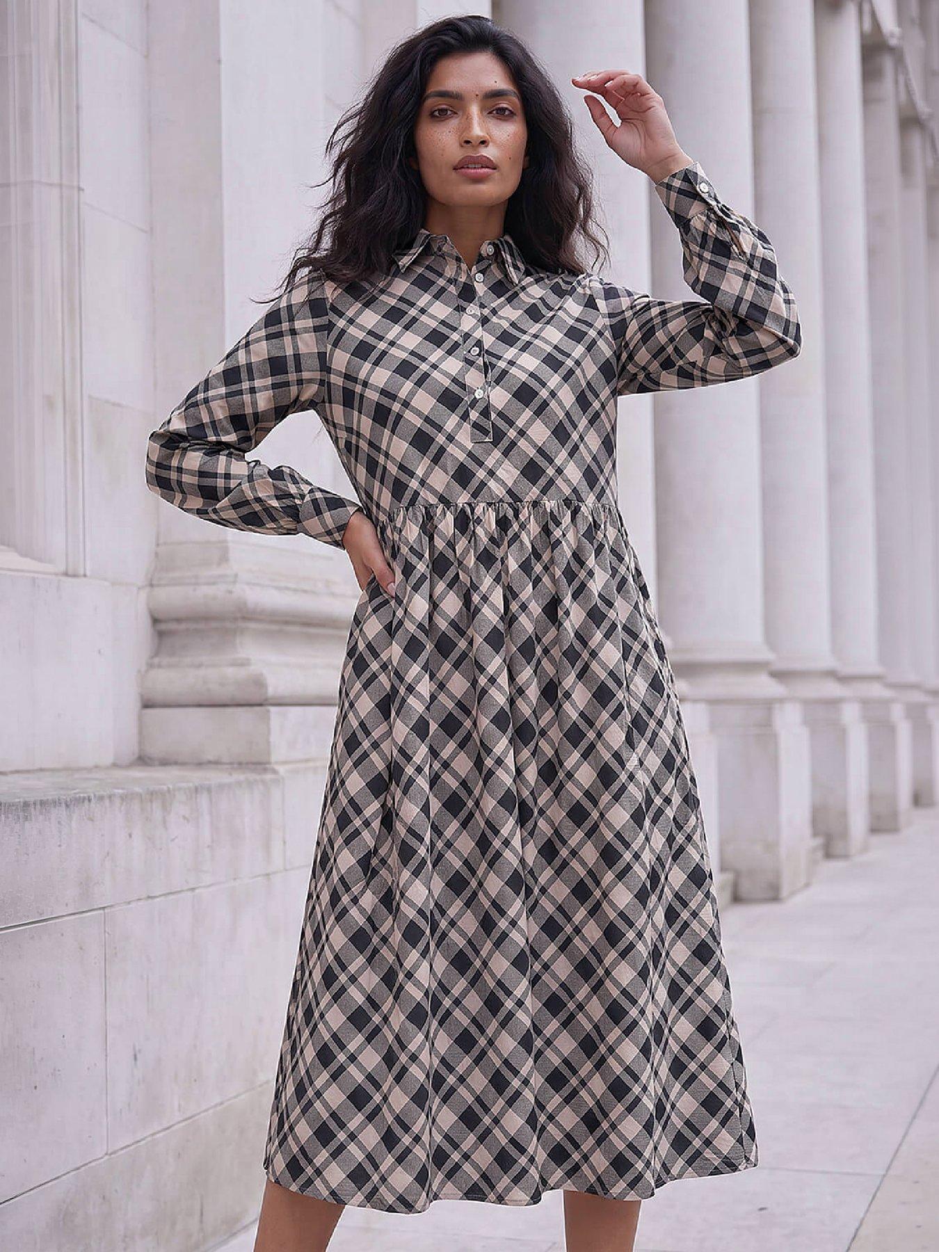 Image 1 of 4 of Roman Check Midi Shirt Dress
