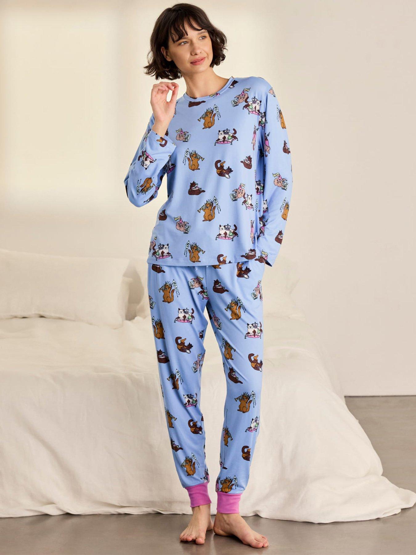 CHELSEA PEERS Chelsea Peers Princess Cats Print Long Pyjama Set - Blue