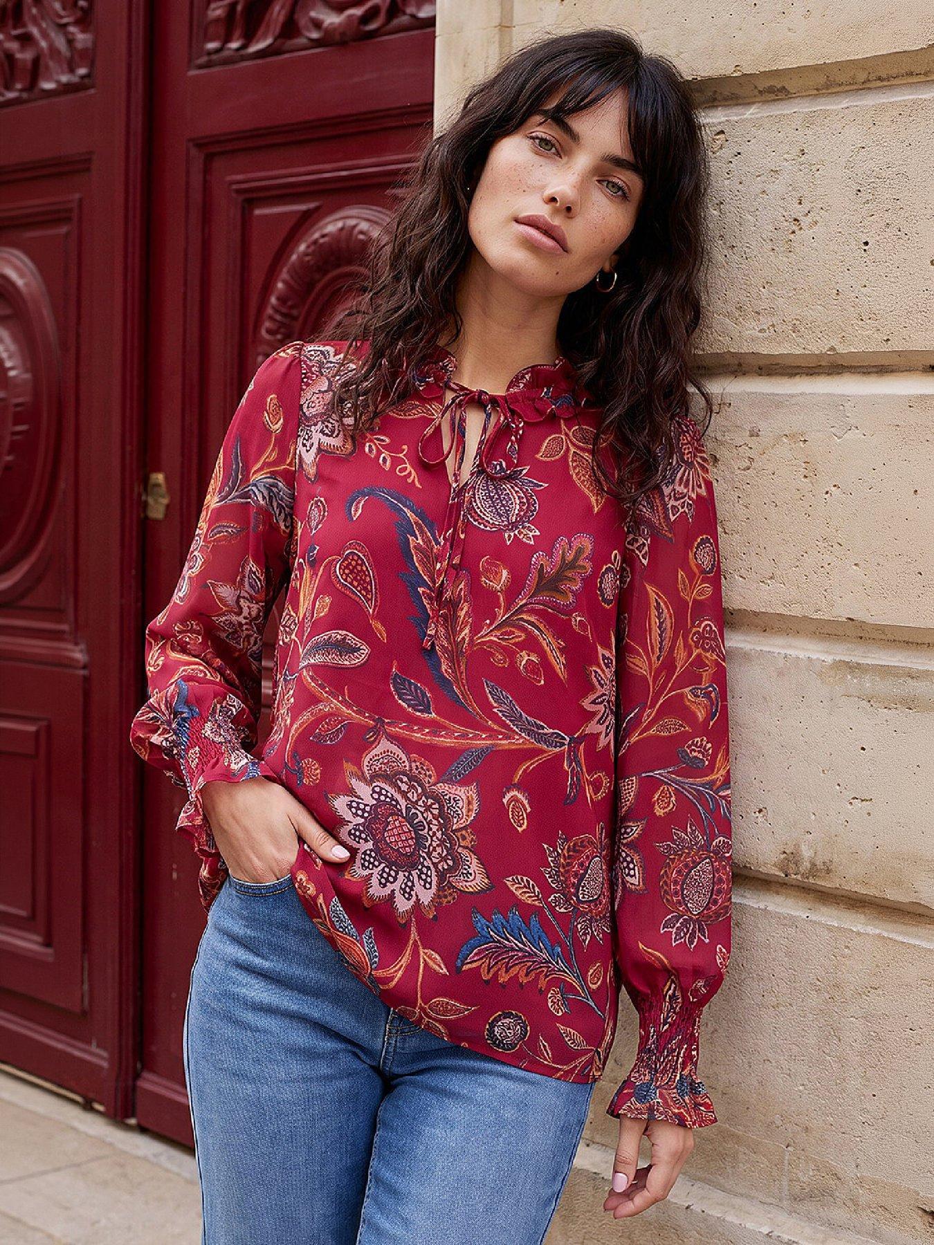 Roman Floral Print Tie Front V-neck Top