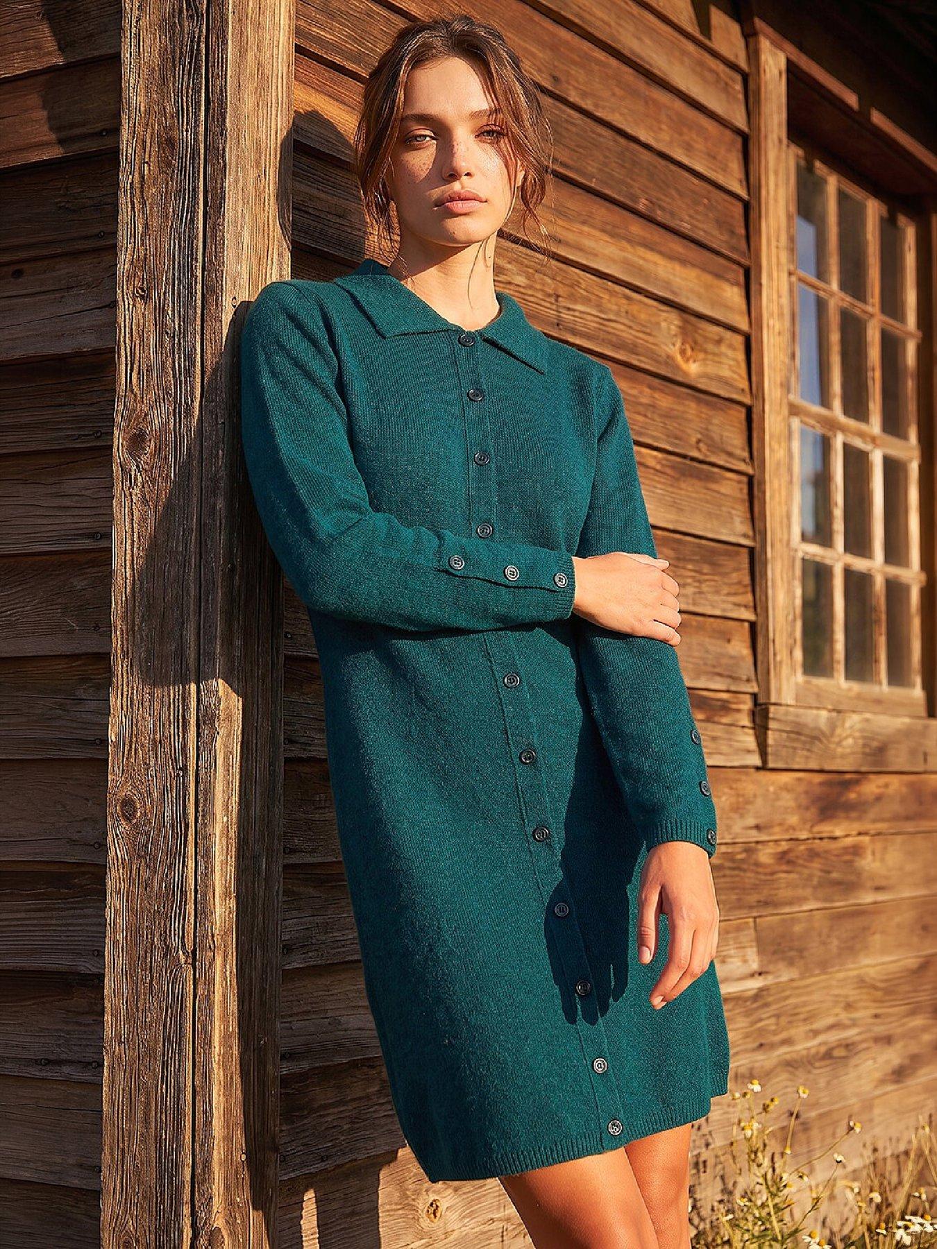 Roman Petite Button Collar Knit Dress