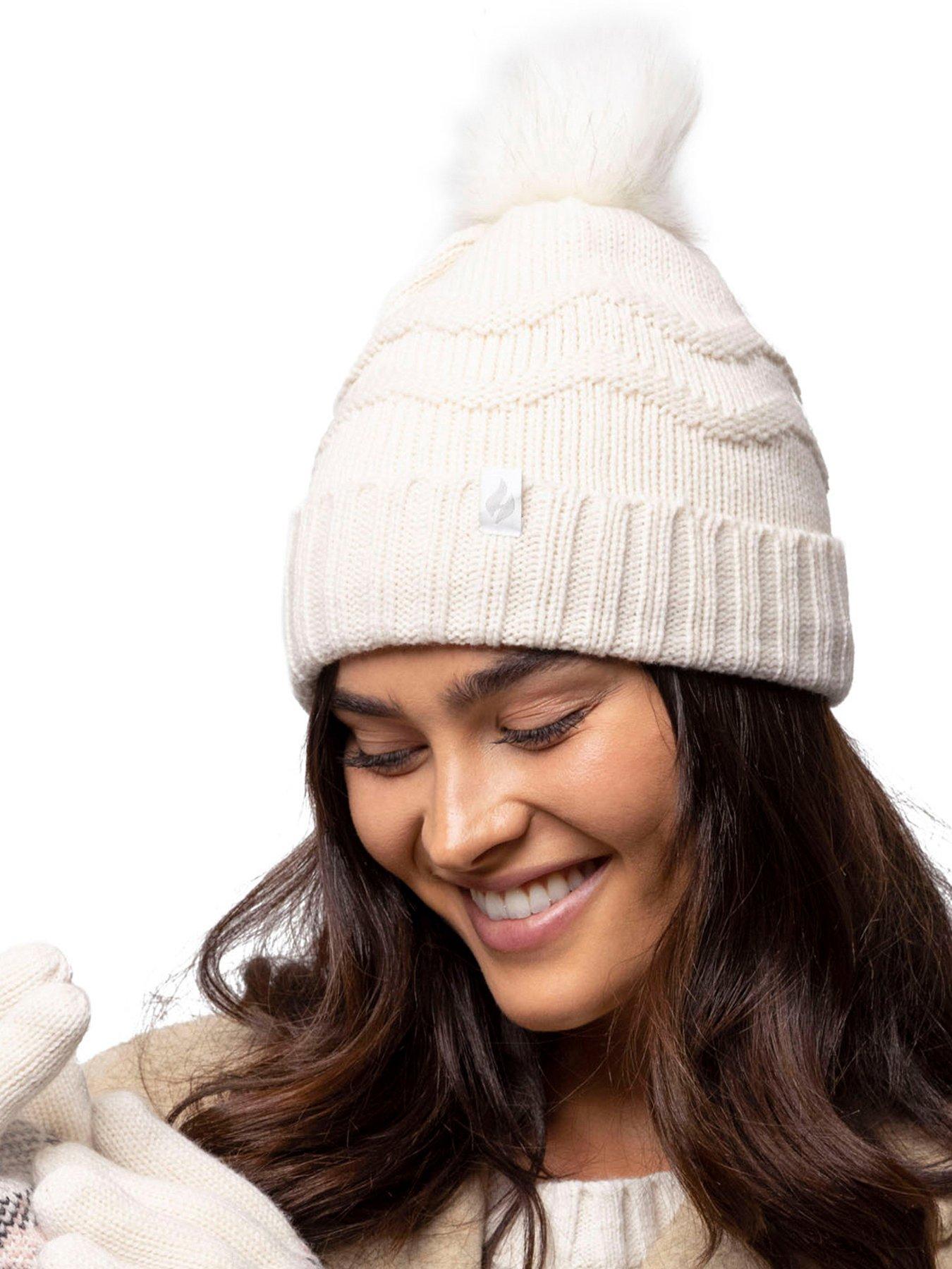 Image 2 of 3 of Heat Holders HEAT HOLDERS ZIG ZAG TURNOVER CUFF POM POM HAT - CREAM