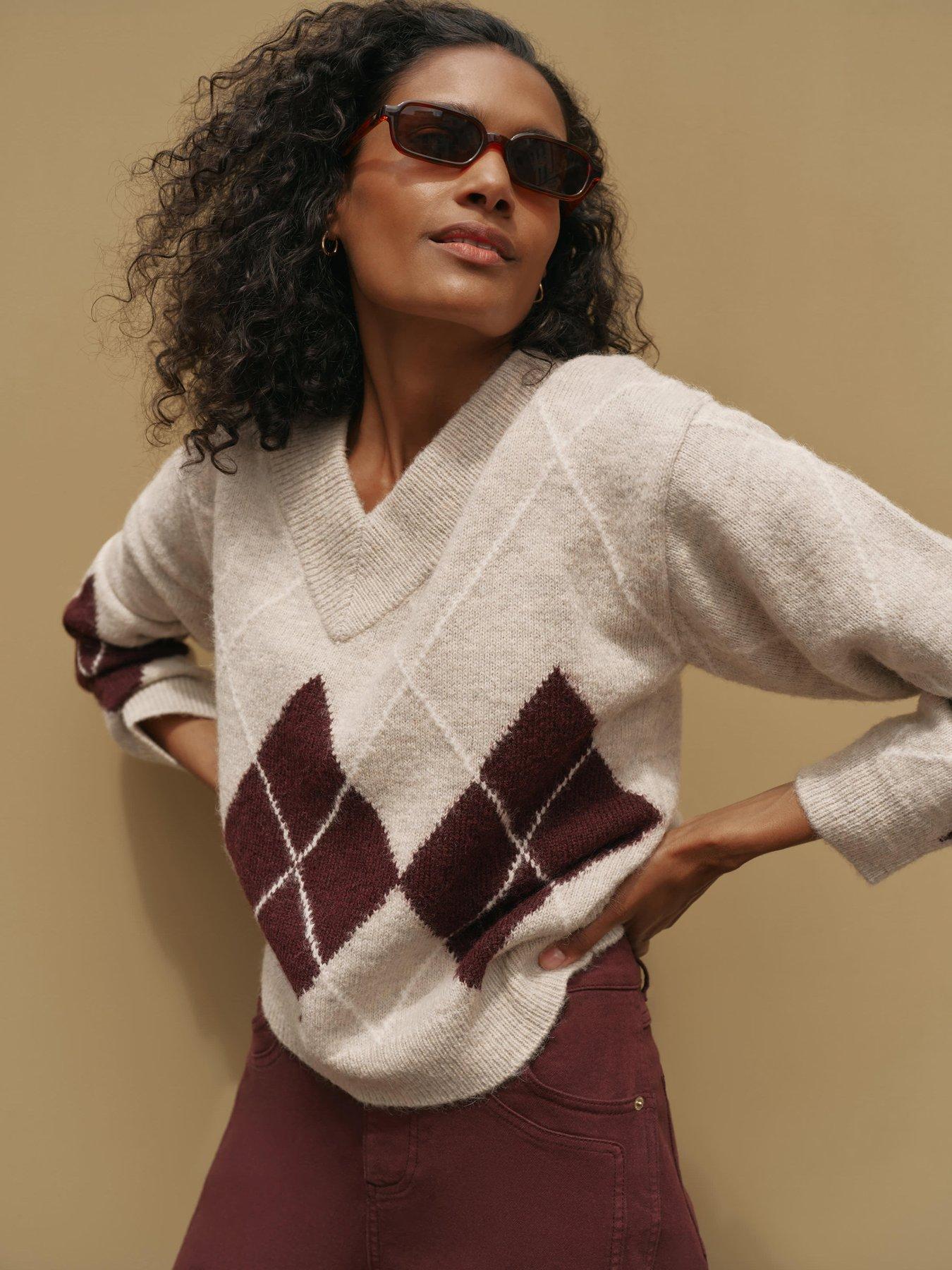 Mint Velvet Neutral Argyle V Neck Jumper