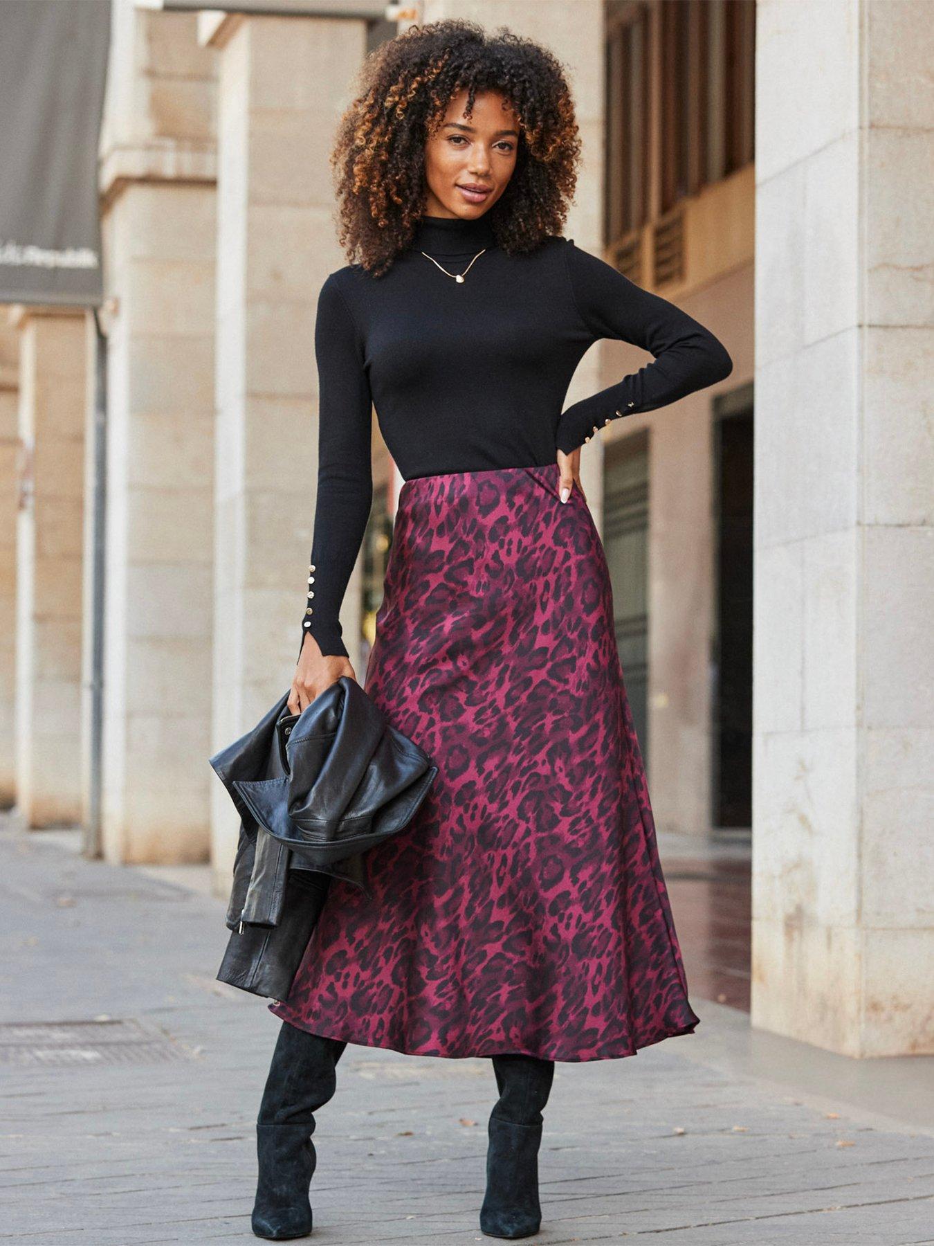 Image 4 of 5 of Sosandar Leopard Print Satin Skirt - Burgundy