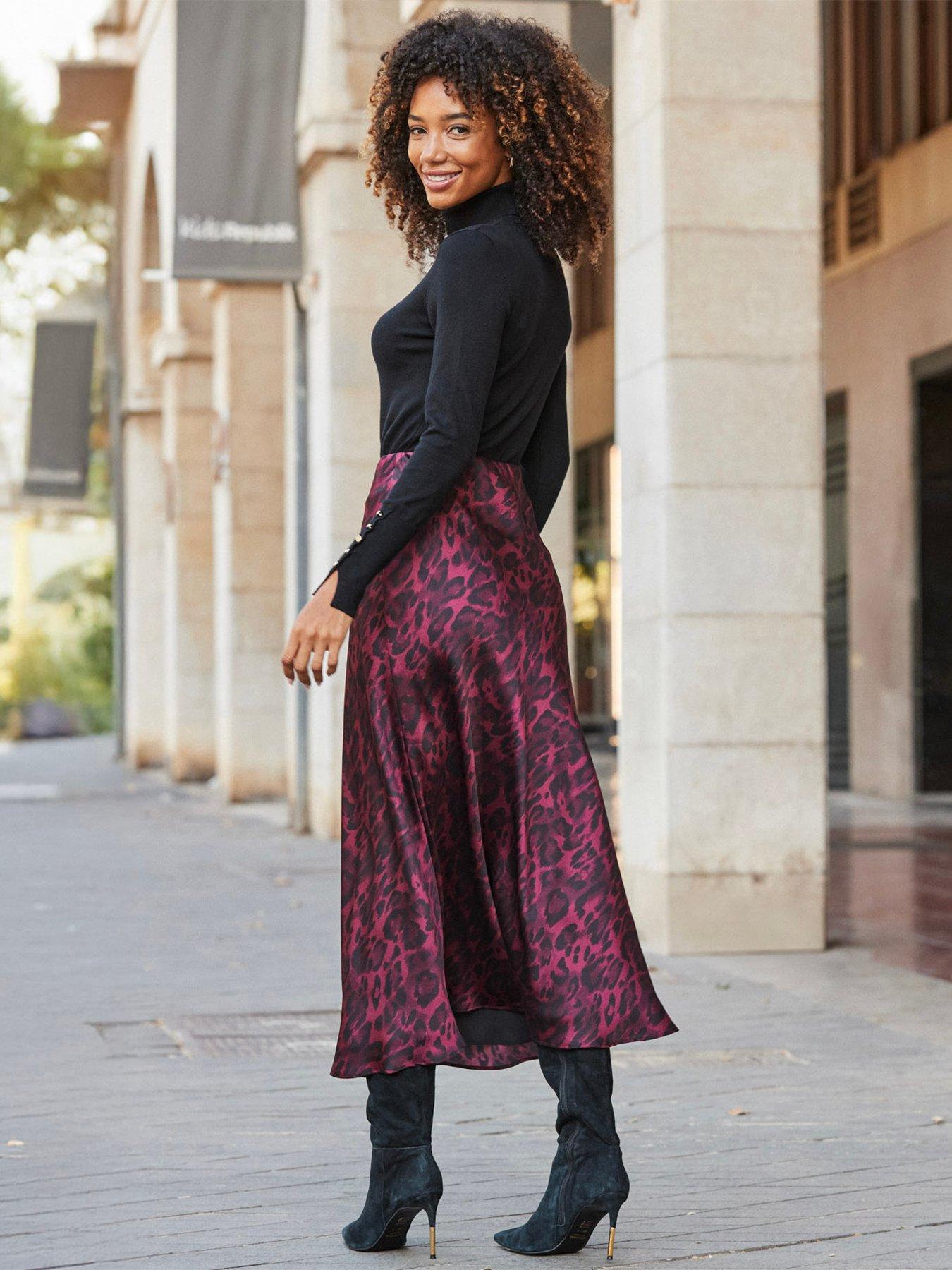 Image 5 of 5 of Sosandar Leopard Print Satin Skirt - Burgundy