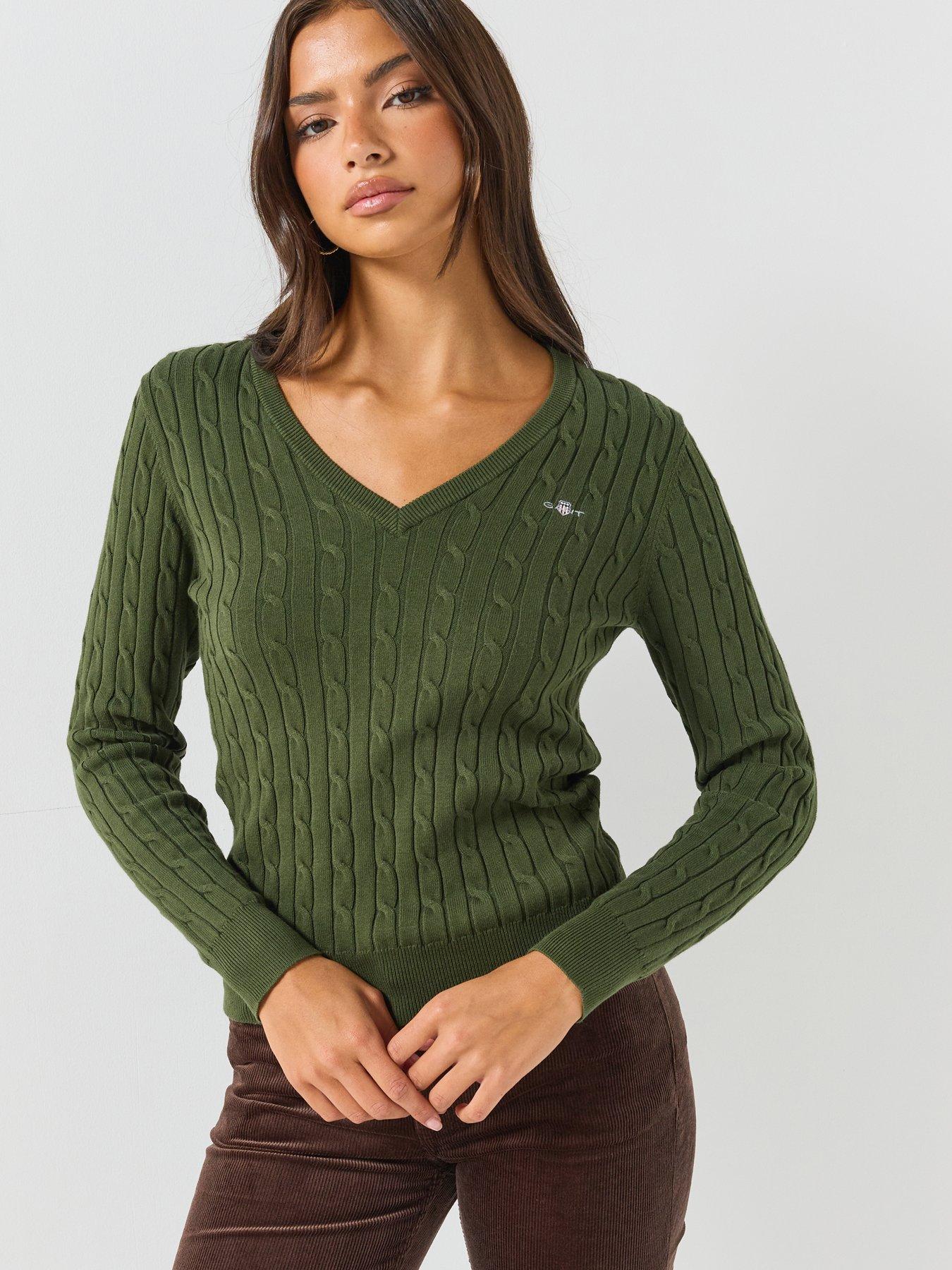 Image 1 of 5 of GANT Gant Womens Stretch Cotton Cable V Neck Knitted Jumper