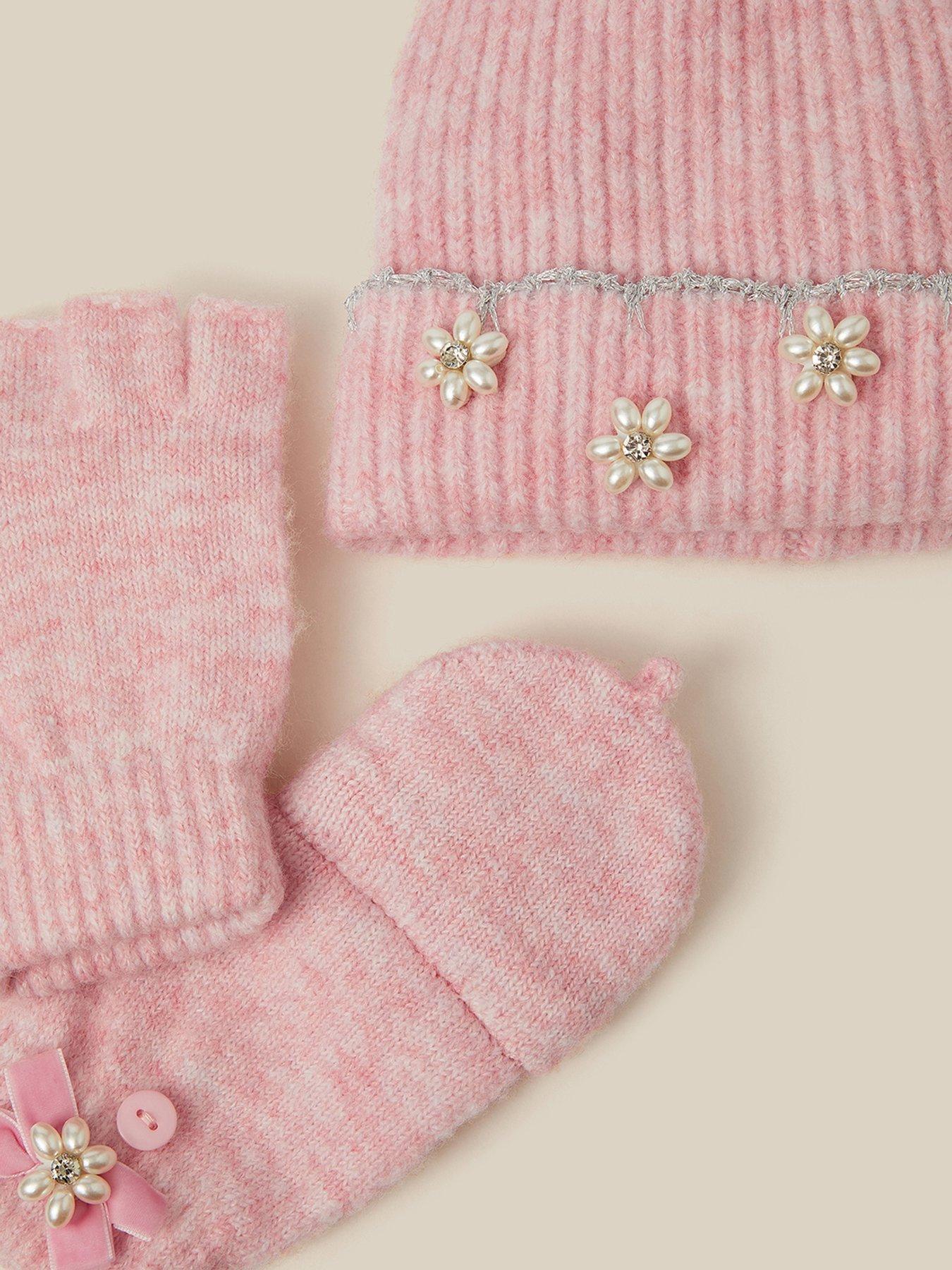 Image 3 of 3 of Monsoon Girls Scallop Flip-Top Hat &amp; Gloves Set - Pink