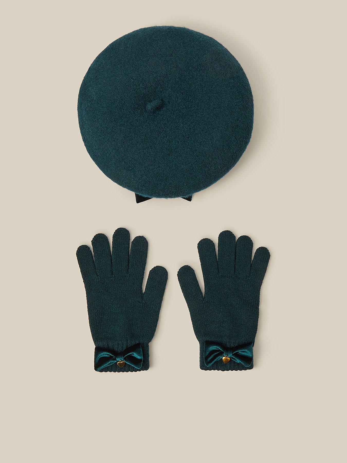 Image 1 of 3 of Monsoon Girls Velvet Bow Beret &amp; Gloves Set - Green