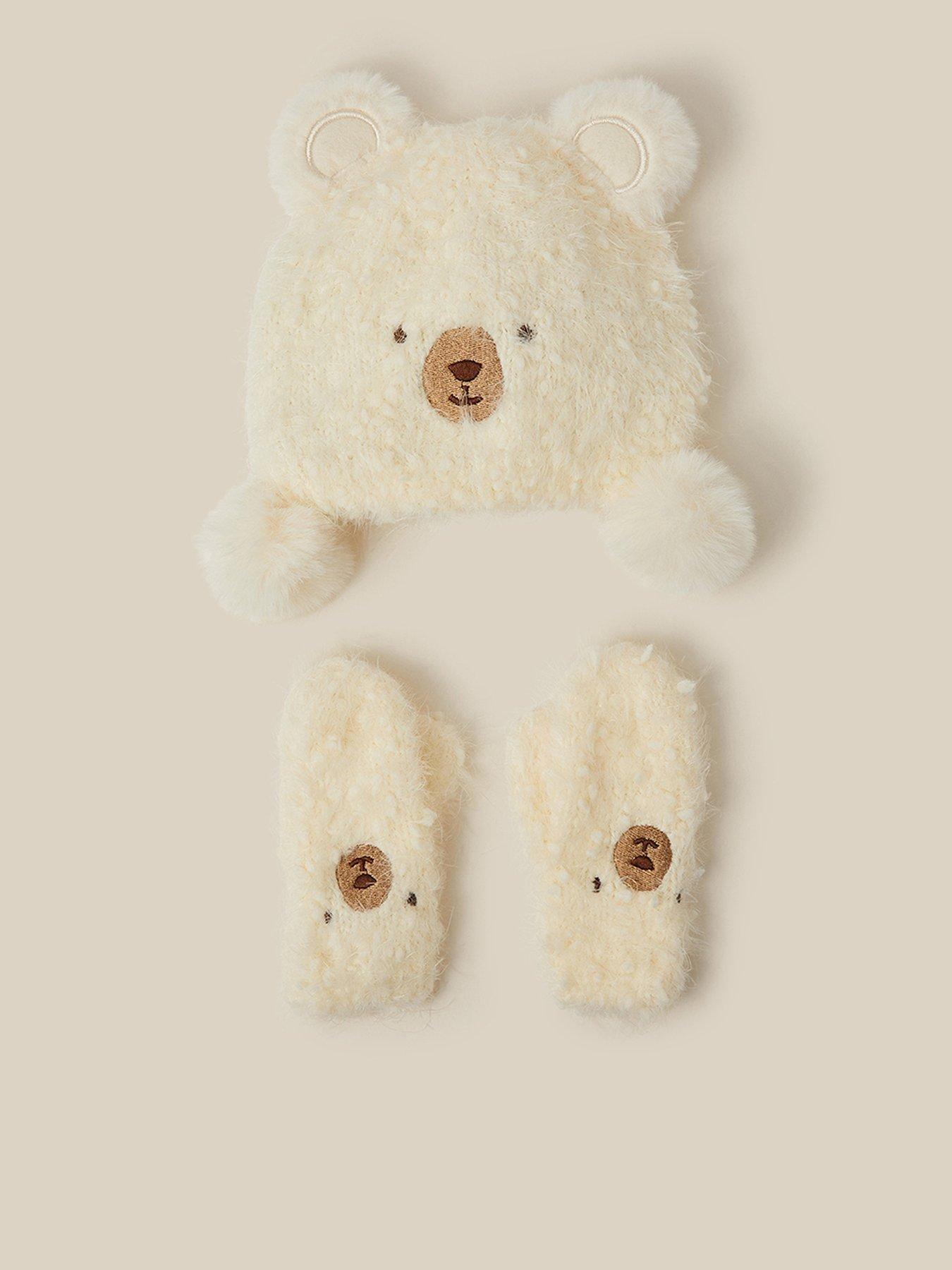 Image 1 of 3 of Monsoon Baby Girls Bear Fluffy Matching Hat and Mittens Set - Cream
