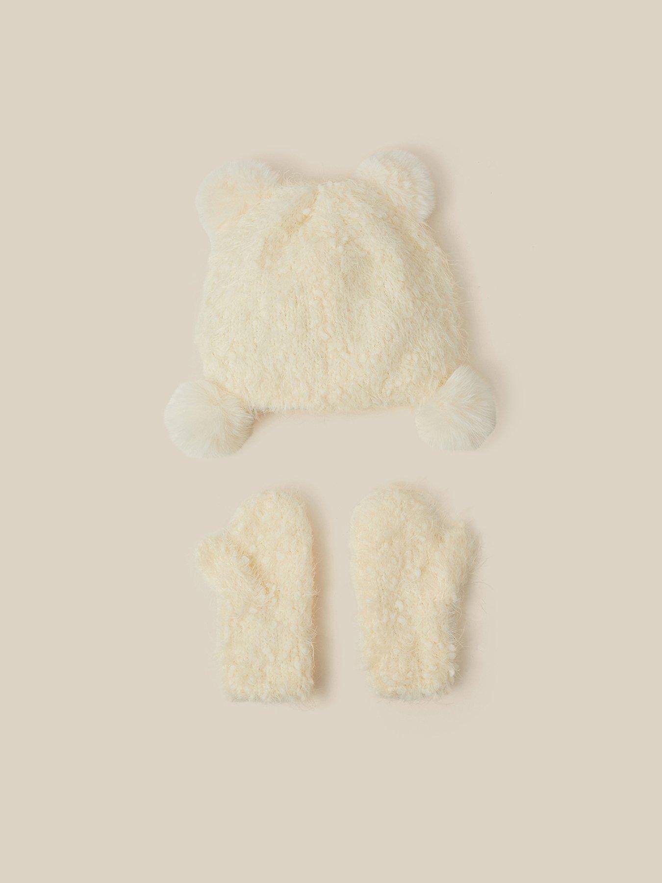Image 2 of 3 of Monsoon Baby Girls Bear Fluffy Matching Hat and Mittens Set - Cream