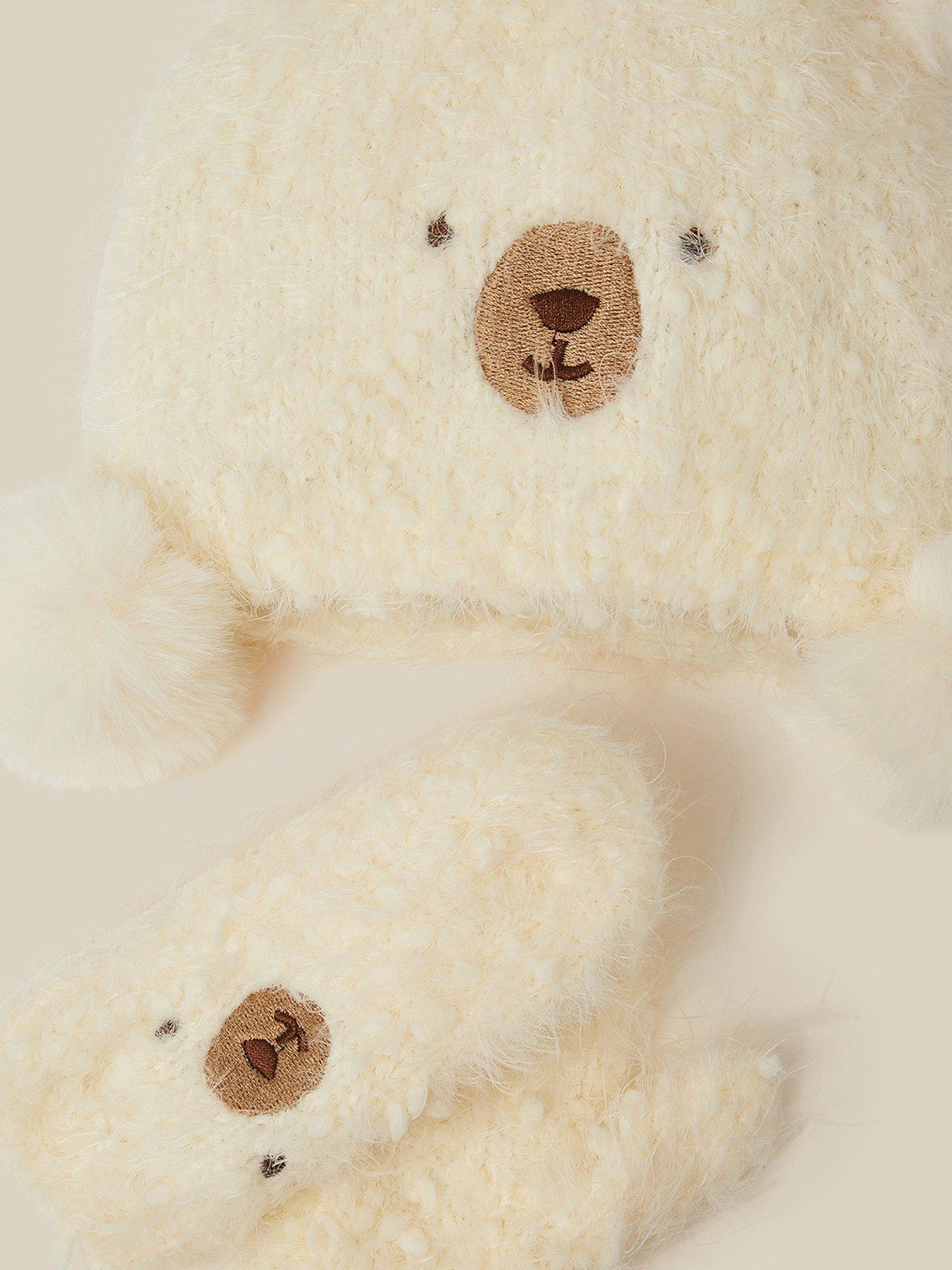 Image 3 of 3 of Monsoon Baby Girls Bear Fluffy Matching Hat and Mittens Set - Cream