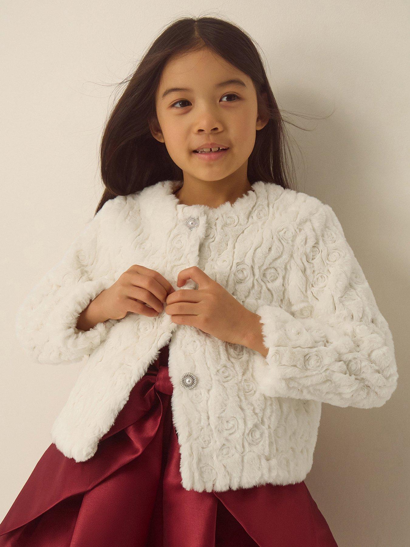 Image 1 of 4 of Monsoon Girls Rose Textured Jewel Button Faux Fur Jacket - Light Cream
