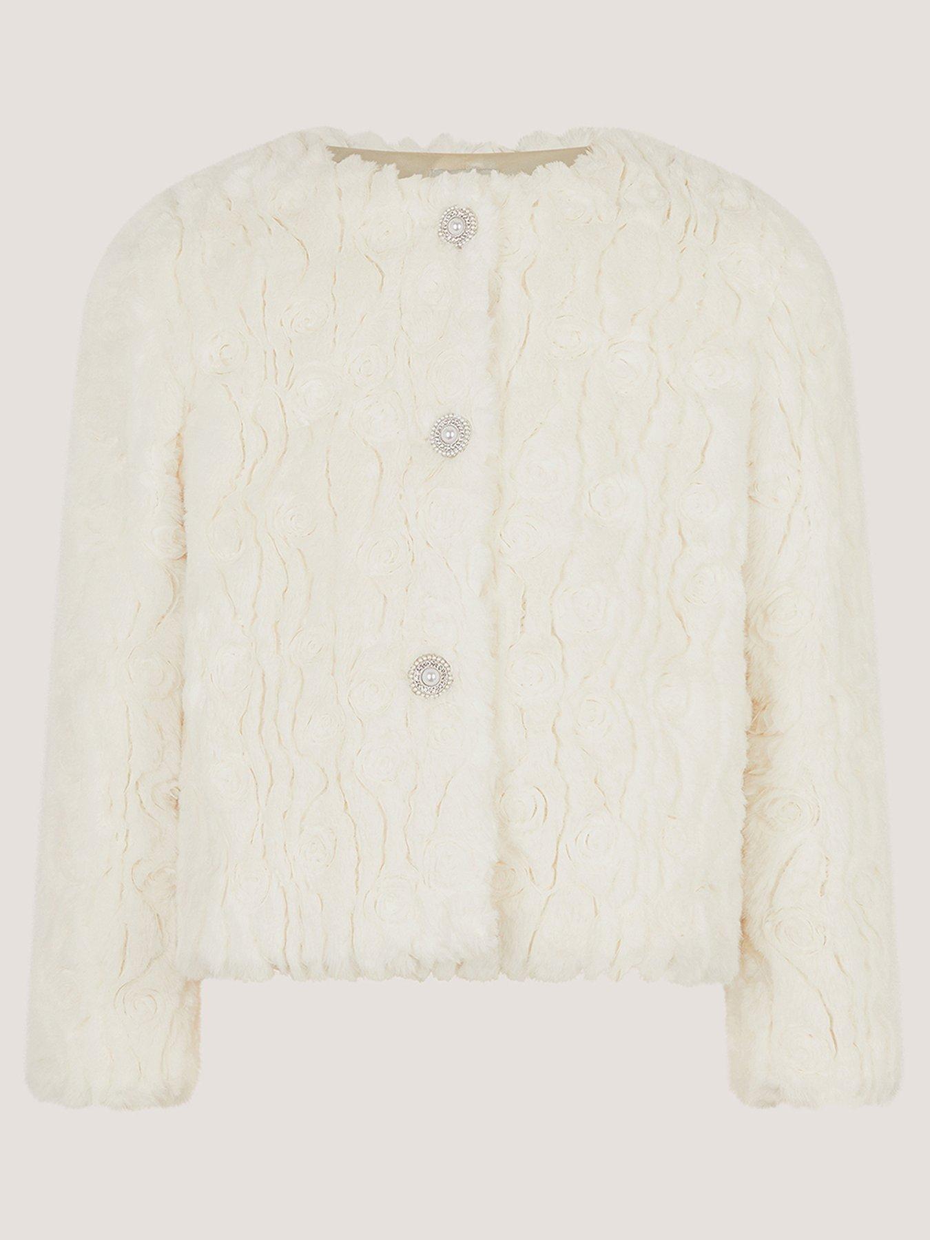 Image 2 of 4 of Monsoon Girls Rose Textured Jewel Button Faux Fur Jacket - Light Cream