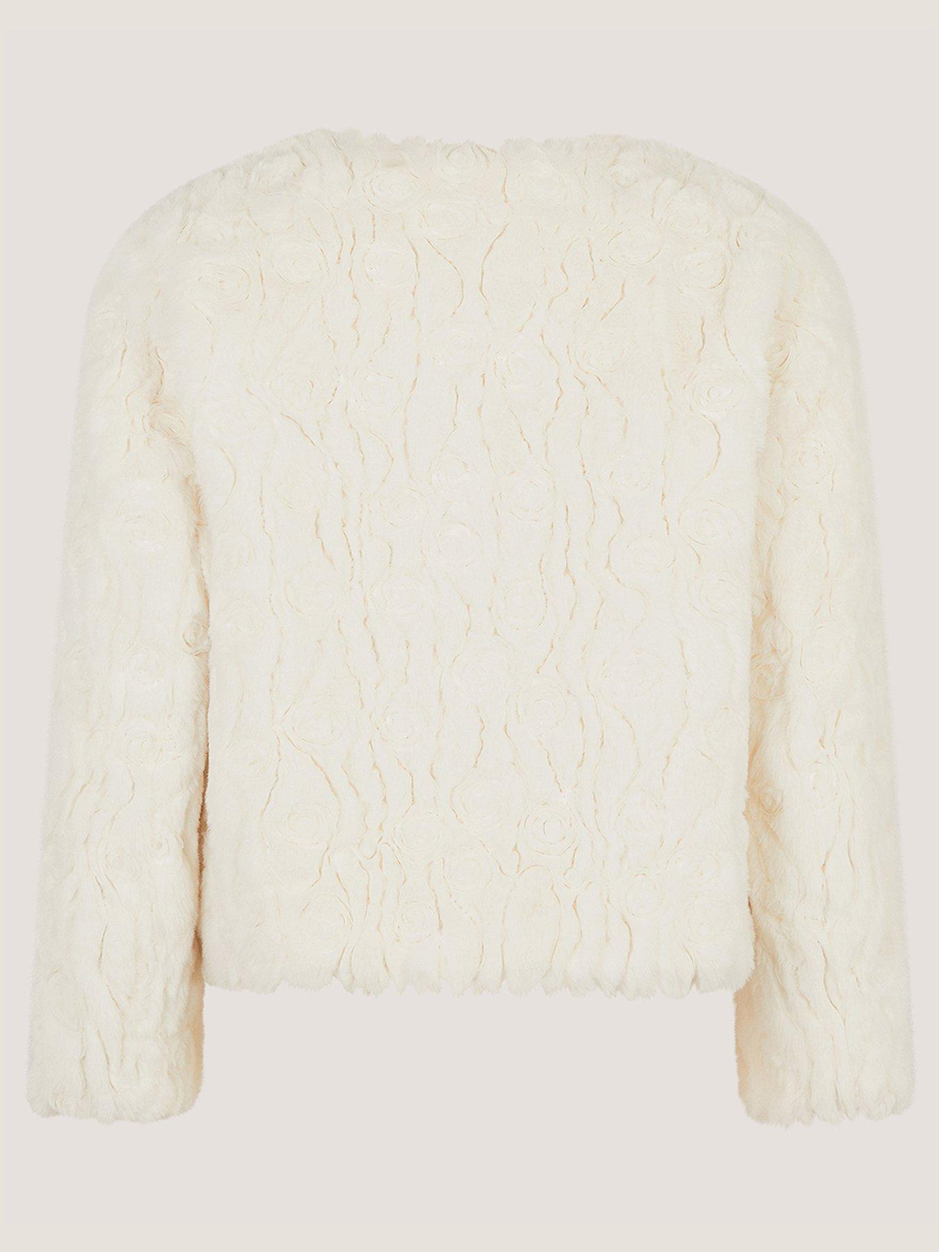 Image 3 of 4 of Monsoon Girls Rose Textured Jewel Button Faux Fur Jacket - Light Cream