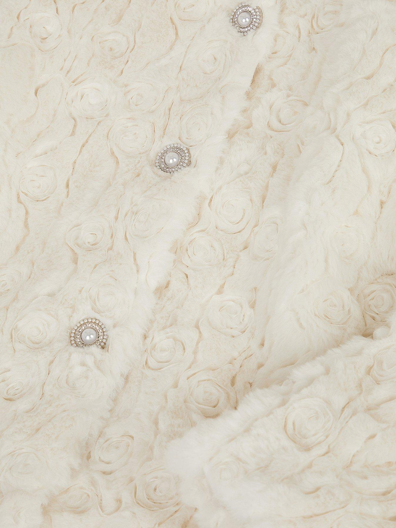 Image 4 of 4 of Monsoon Girls Rose Textured Jewel Button Faux Fur Jacket - Light Cream