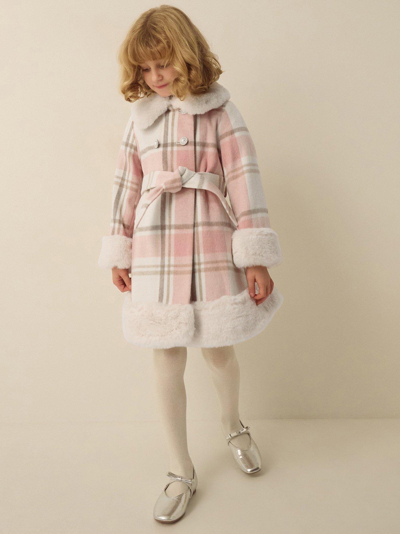 Image 1 of 4 of Monsoon Girls Aurora Check Faux-Fur Trim Belted Coat - Pink
