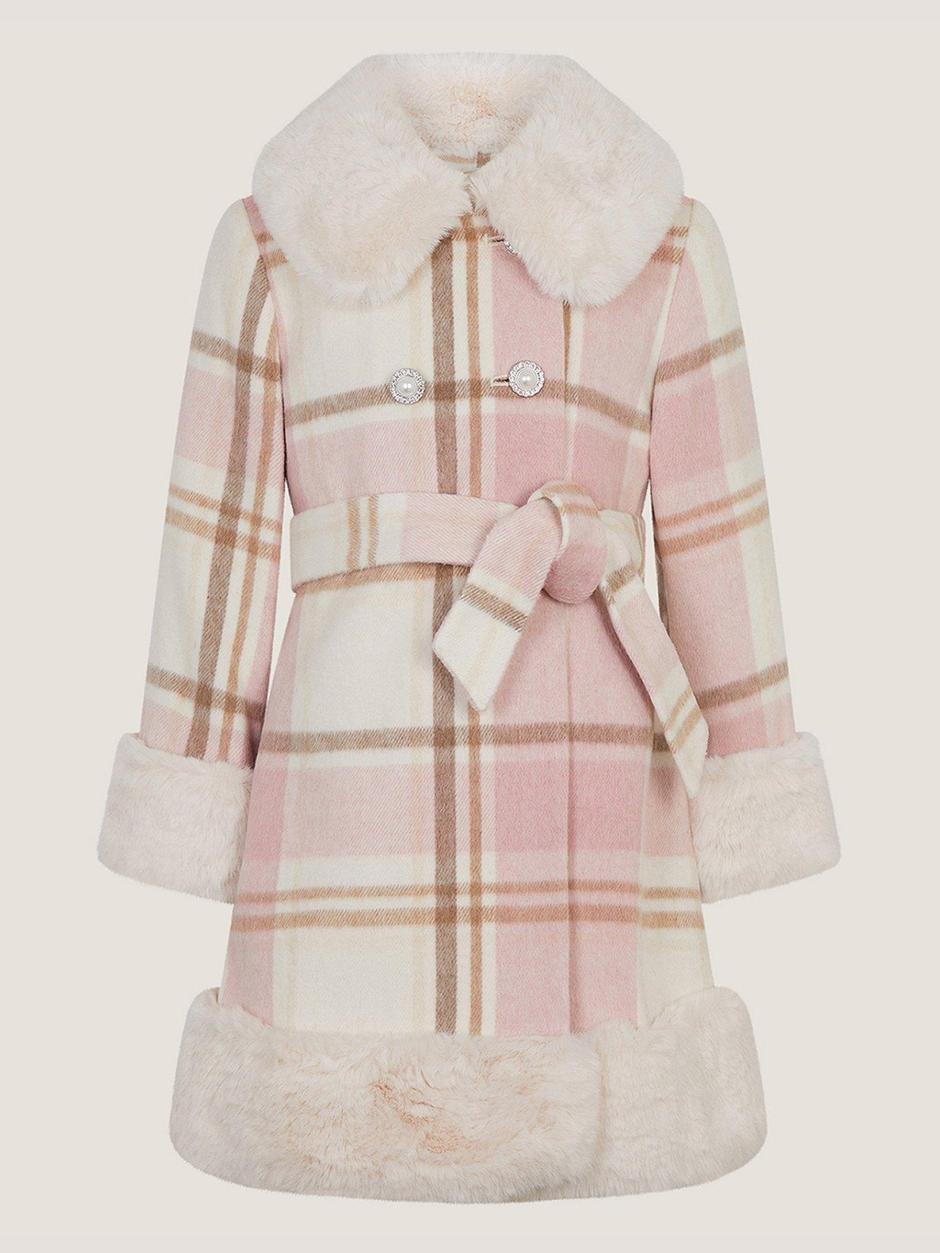 Image 2 of 4 of Monsoon Girls Aurora Check Faux-Fur Trim Belted Coat - Pink