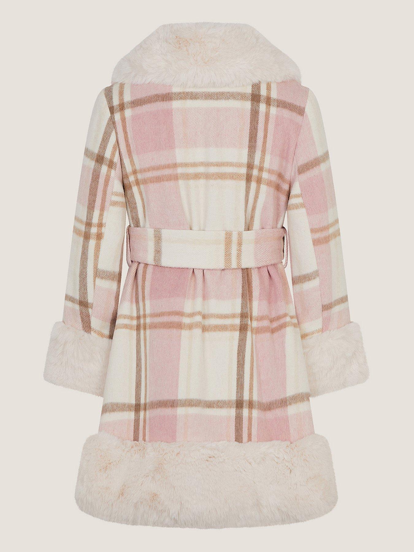 Image 3 of 4 of Monsoon Girls Aurora Check Faux-Fur Trim Belted Coat - Pink