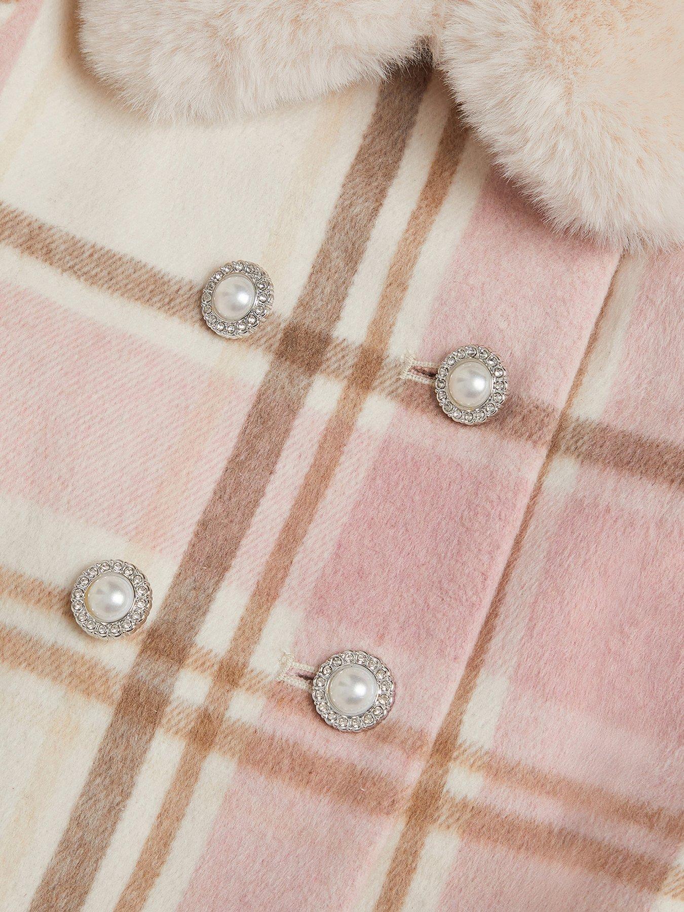 Image 4 of 4 of Monsoon Girls Aurora Check Faux-Fur Trim Belted Coat - Pink