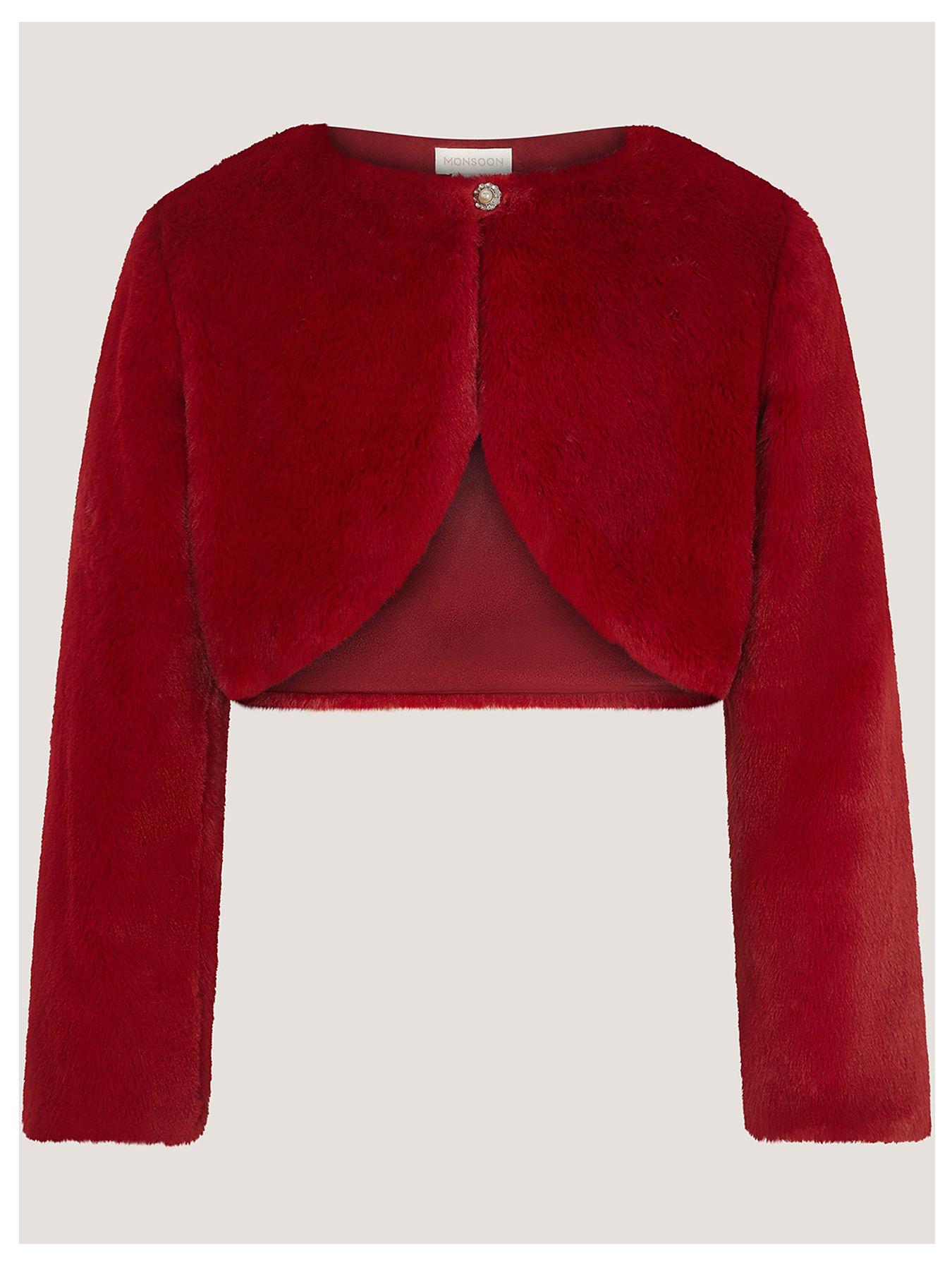 Image 1 of 3 of Monsoon Girls Lara Cropped Faux Fur Jewel Button Cardigan - Red