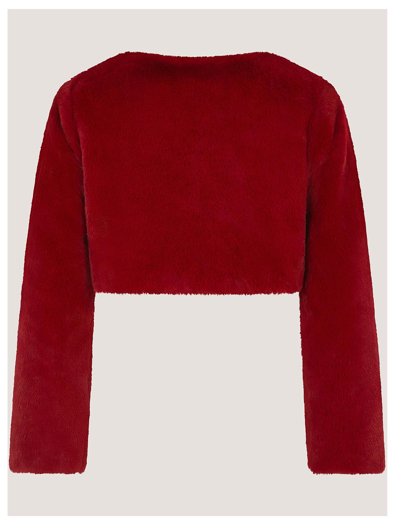 Image 2 of 3 of Monsoon Girls Lara Cropped Faux Fur Jewel Button Cardigan - Red