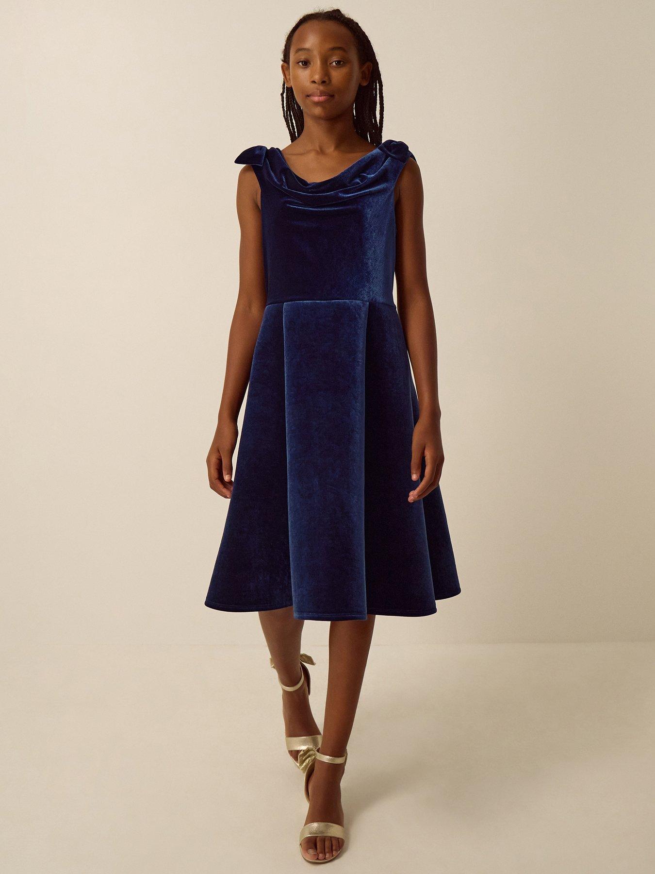 Image 1 of 4 of Monsoon Girls Draped Neck Bow Shoulder Dress - Navy