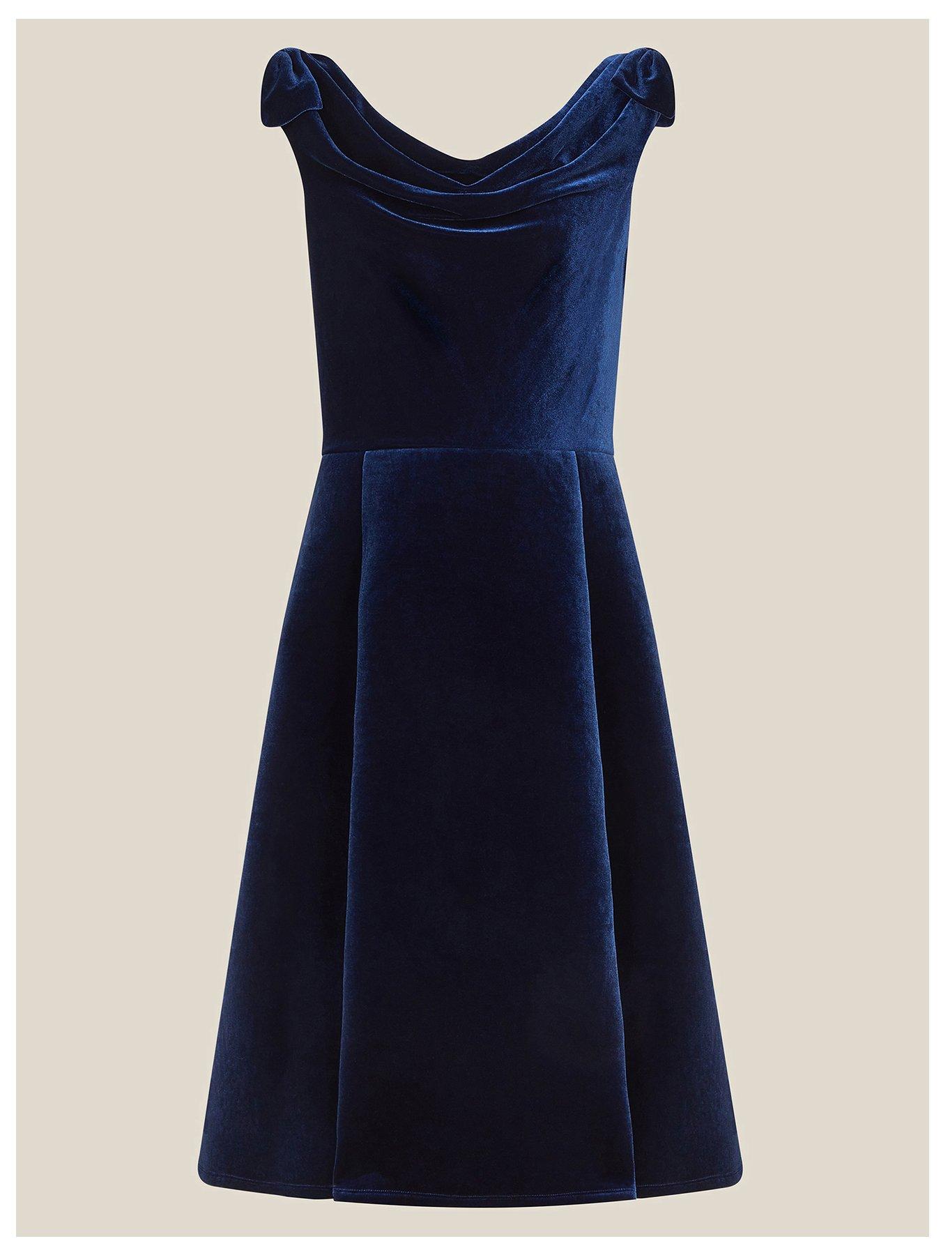 Image 2 of 4 of Monsoon Girls Draped Neck Bow Shoulder Dress - Navy