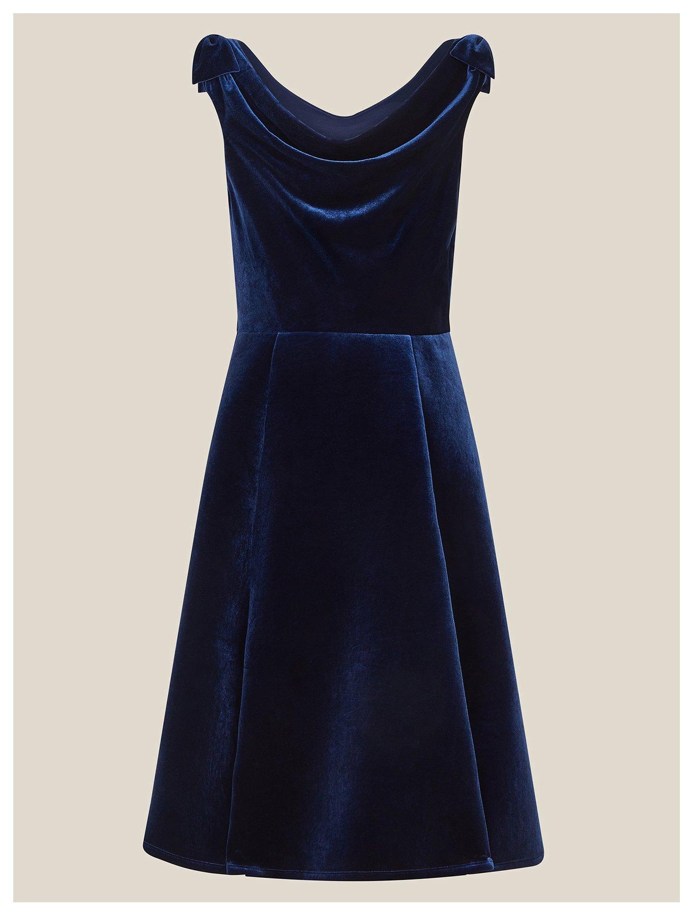 Image 3 of 4 of Monsoon Girls Draped Neck Bow Shoulder Dress - Navy