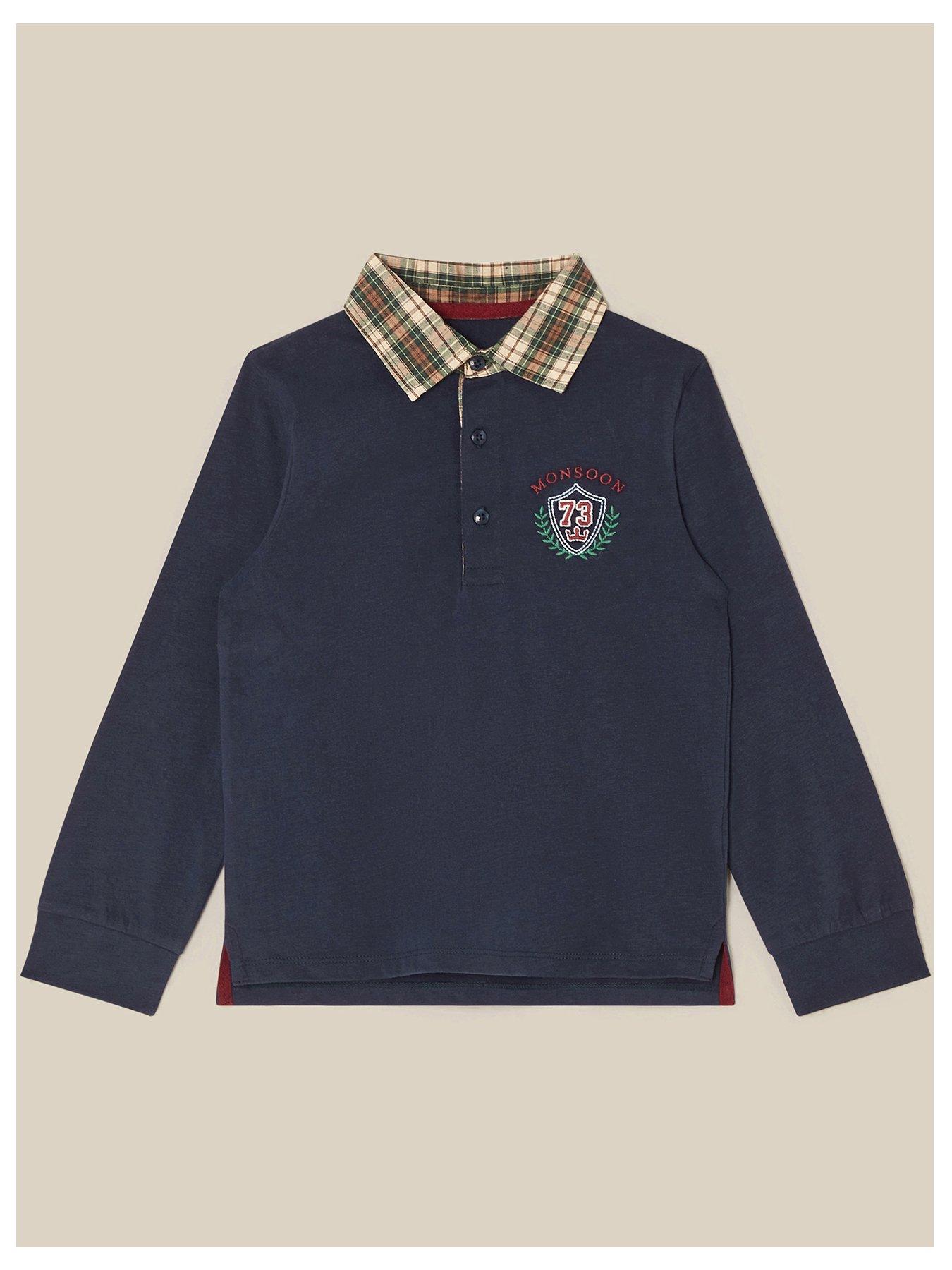 Image 1 of 3 of Monsoon Boys Tartan Collar Long Sleeve Badge Polo Shirt - Navy