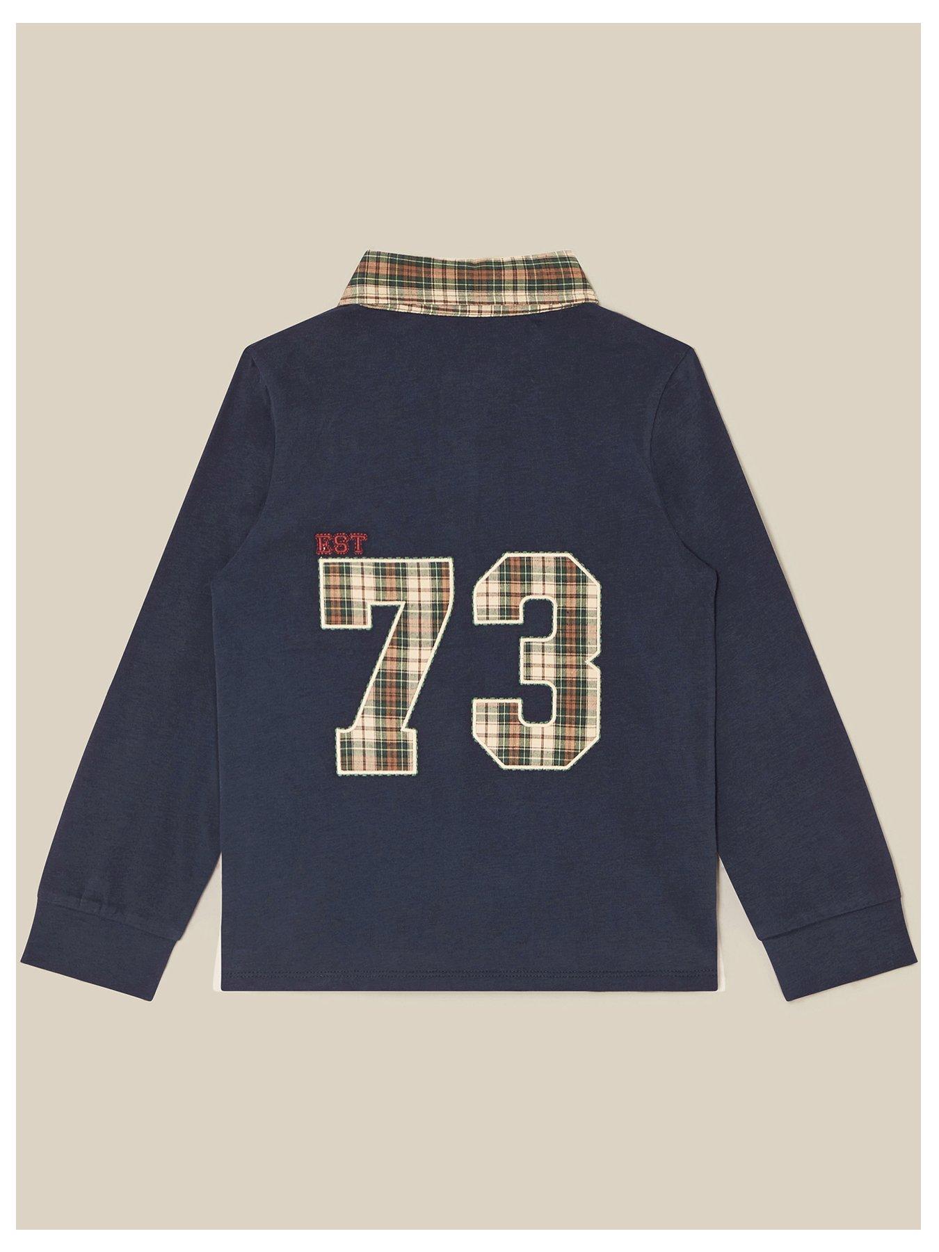 Image 2 of 3 of Monsoon Boys Tartan Collar Long Sleeve Badge Polo Shirt - Navy