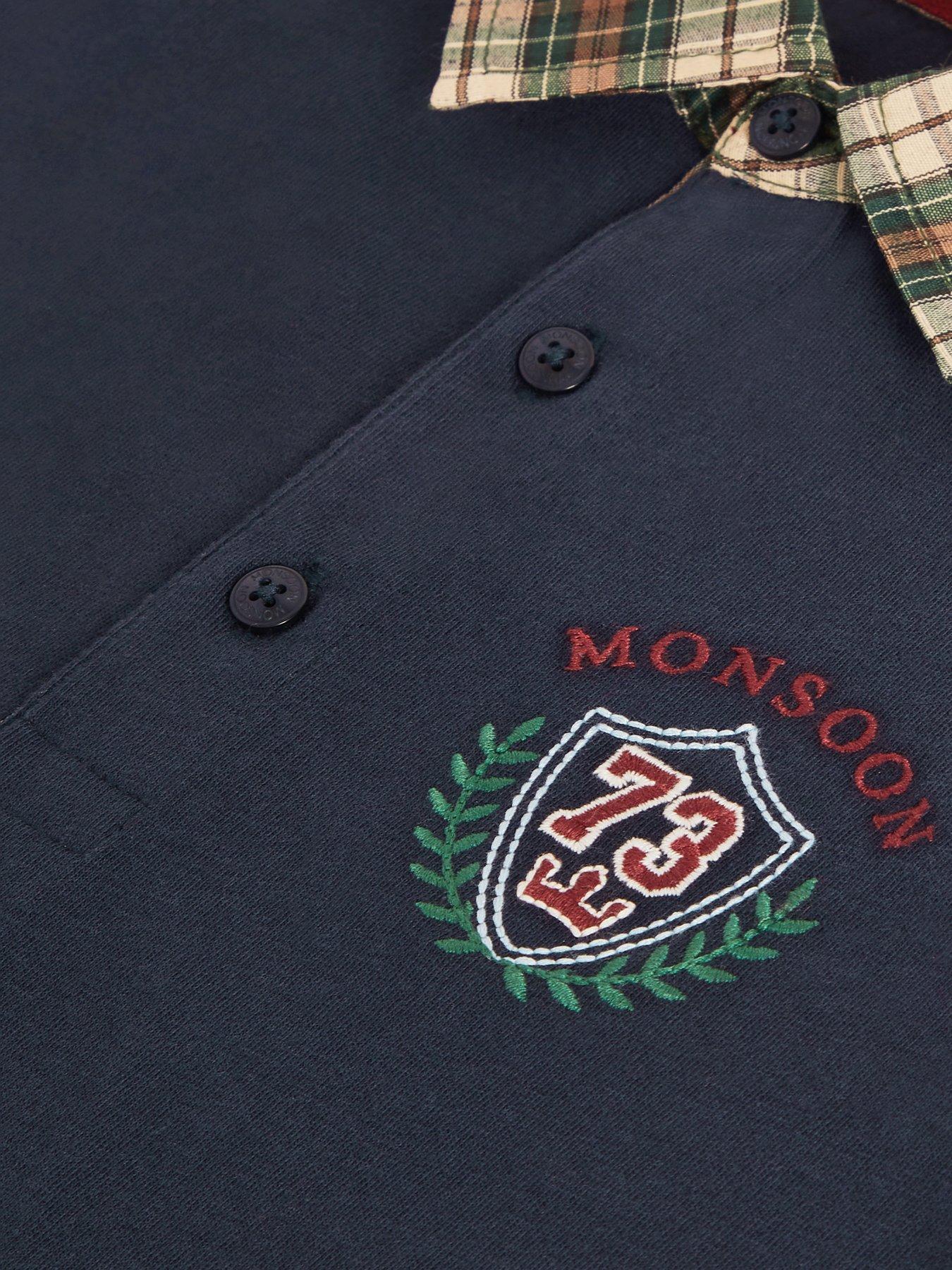 Image 3 of 3 of Monsoon Boys Tartan Collar Long Sleeve Badge Polo Shirt - Navy