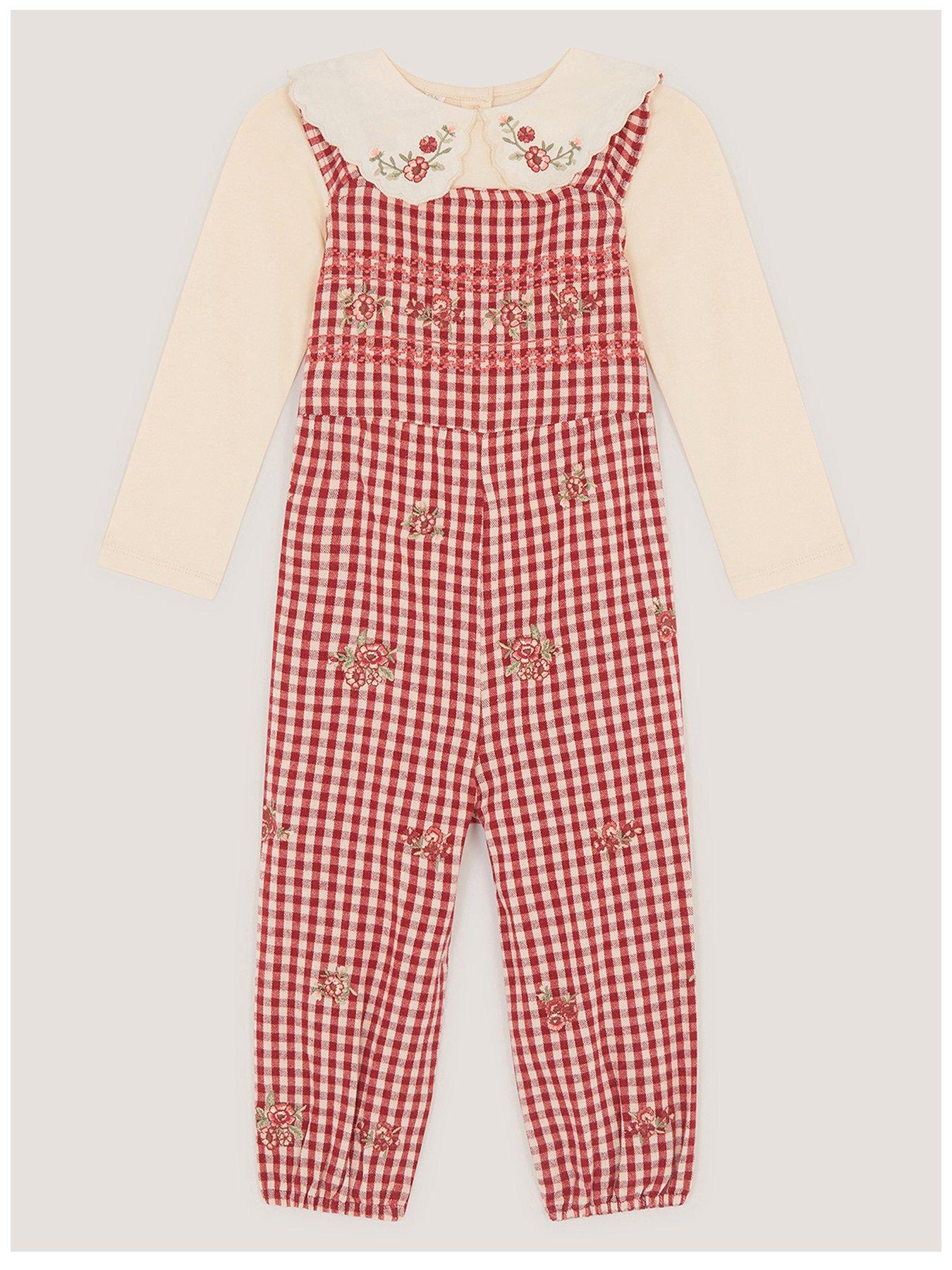 Image 1 of 3 of Monsoon Baby Girls Gingham Embroidered Scalloped Collar Dungaree Set - Red