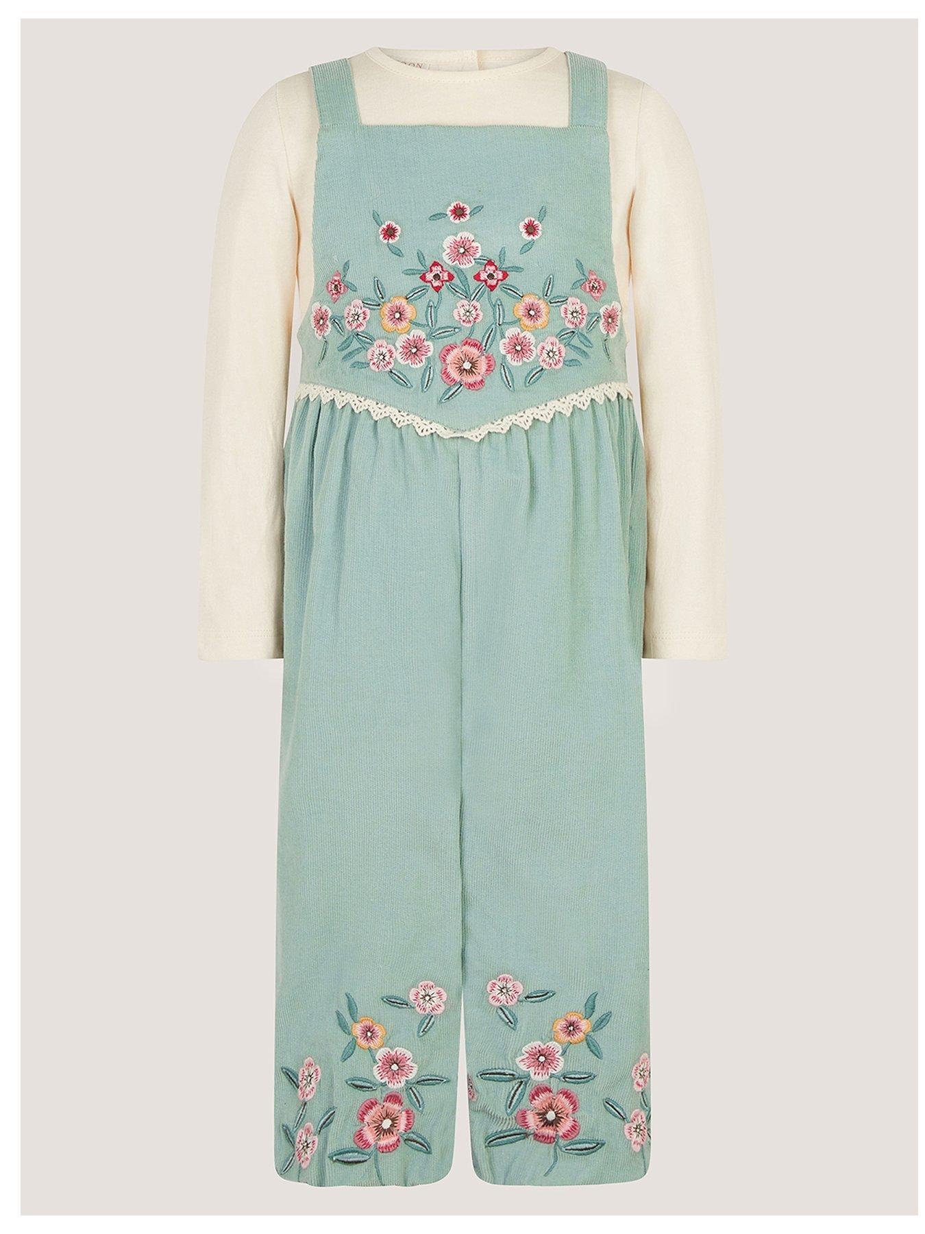 Image 1 of 3 of Monsoon Baby Girls Embroidered Cord Dungaree And T-Shirt Set - Green