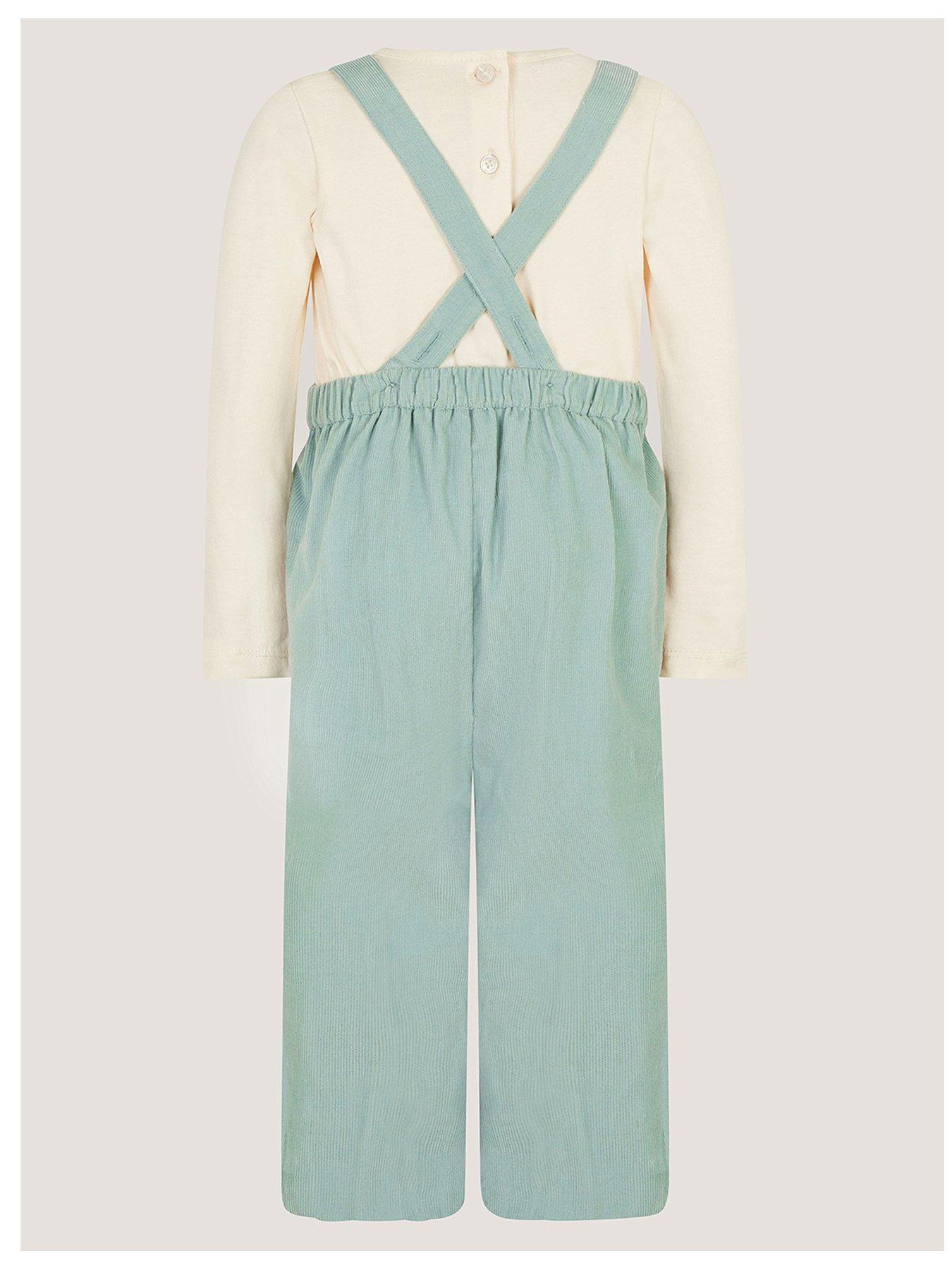 Image 2 of 3 of Monsoon Baby Girls Embroidered Cord Dungaree And T-Shirt Set - Green