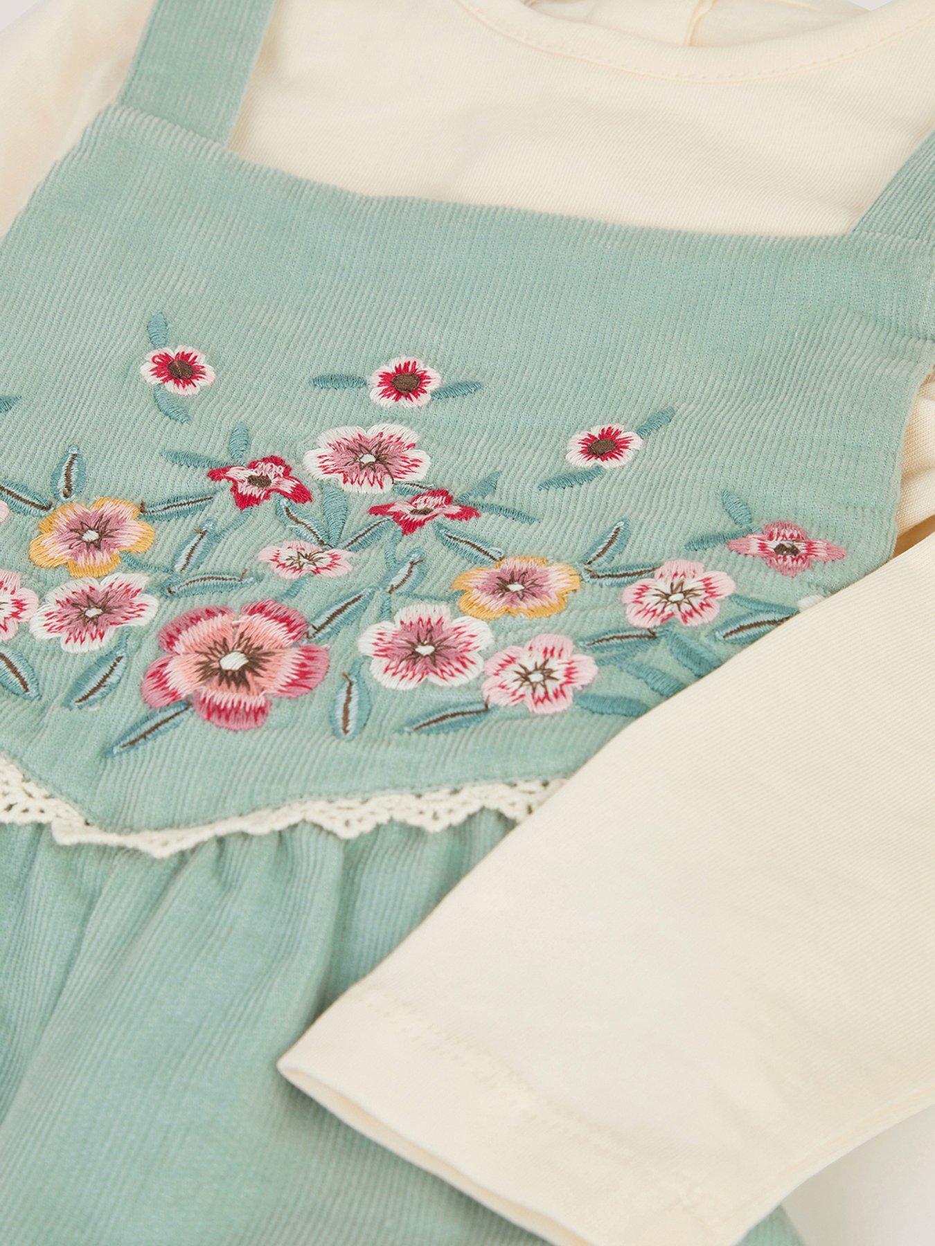 Image 3 of 3 of Monsoon Baby Girls Embroidered Cord Dungaree And T-Shirt Set - Green