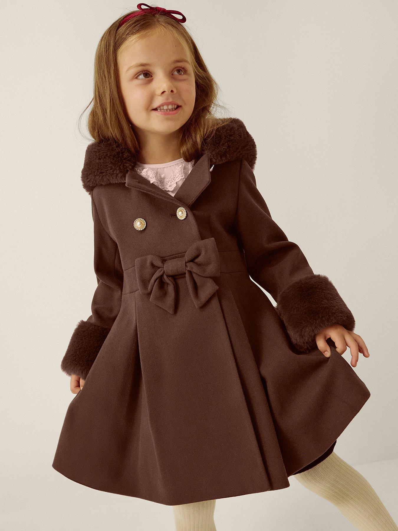 Image 1 of 4 of Monsoon Girls Faux Fur Trim Hood Bow Waist Coat - Brown