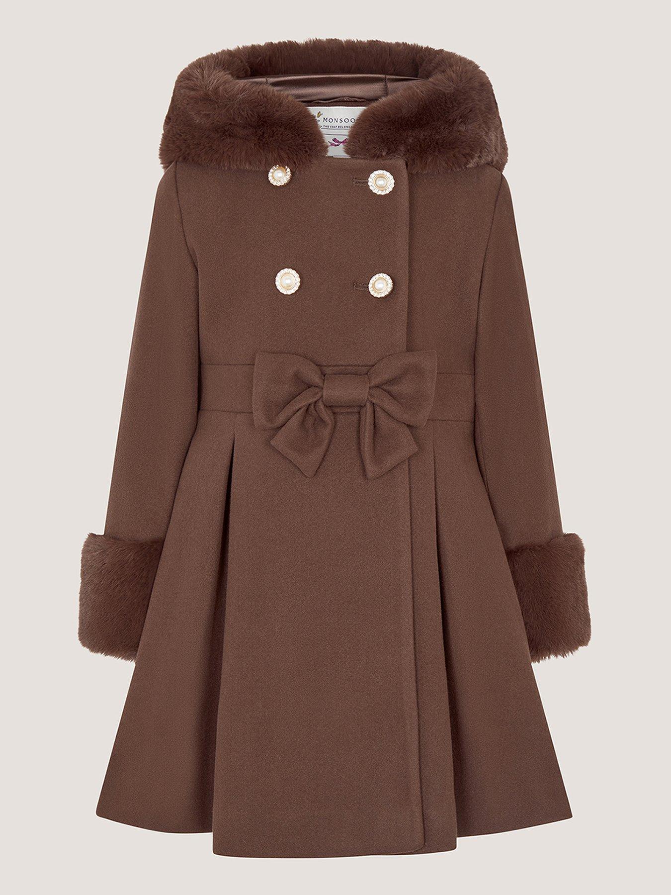 Image 2 of 4 of Monsoon Girls Faux Fur Trim Hood Bow Waist Coat - Brown