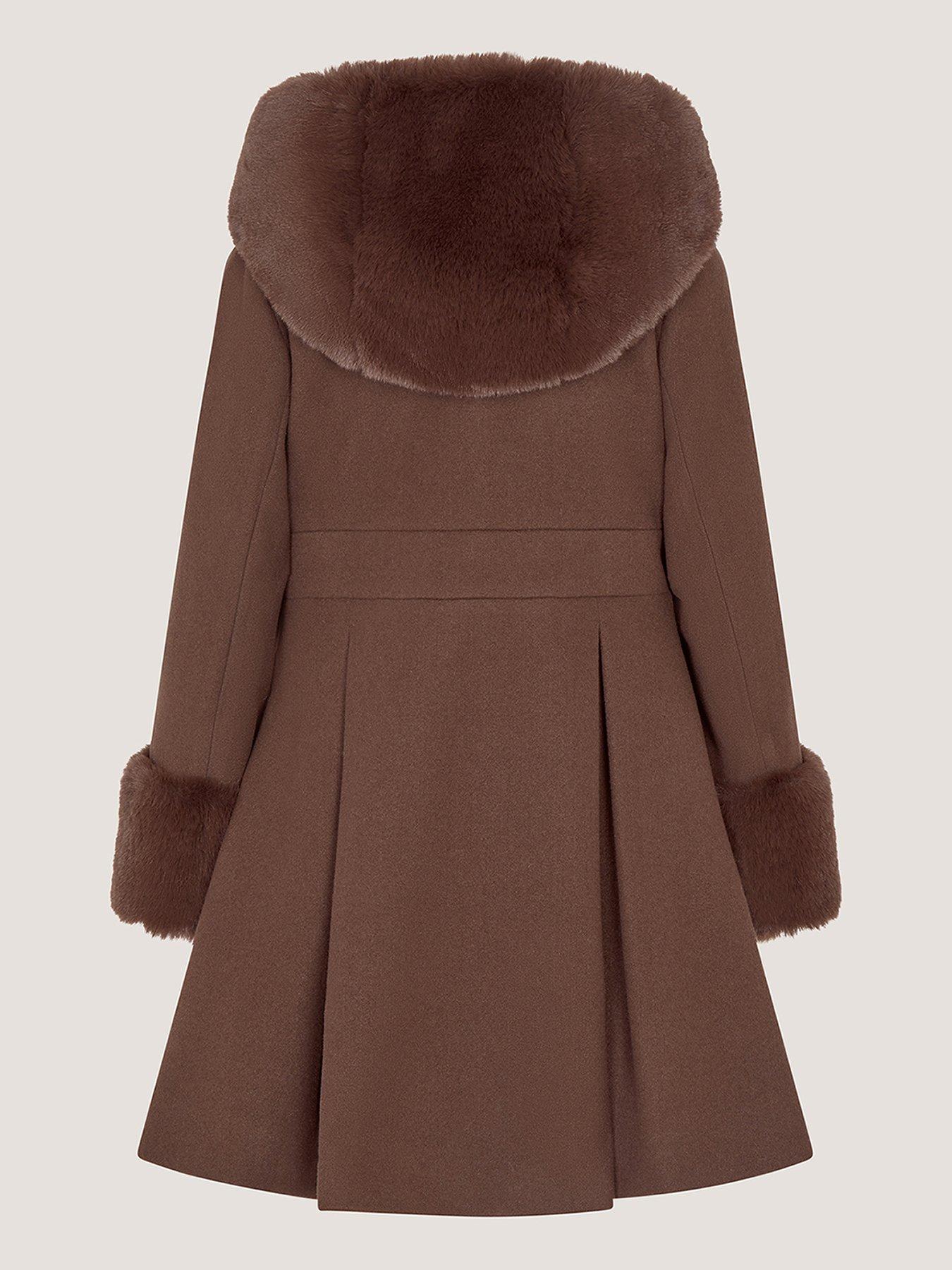 Image 3 of 4 of Monsoon Girls Faux Fur Trim Hood Bow Waist Coat - Brown