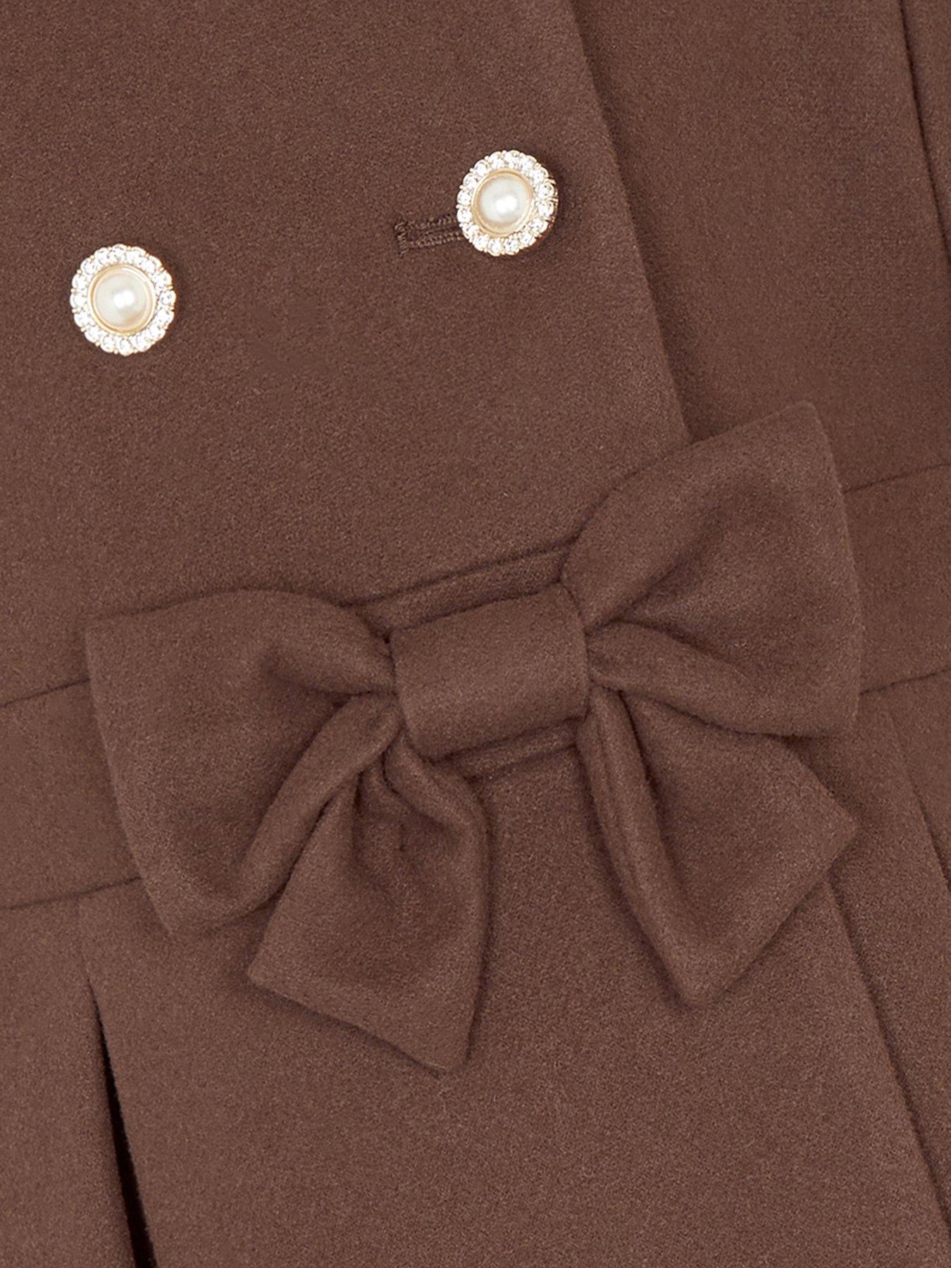 Image 4 of 4 of Monsoon Girls Faux Fur Trim Hood Bow Waist Coat - Brown