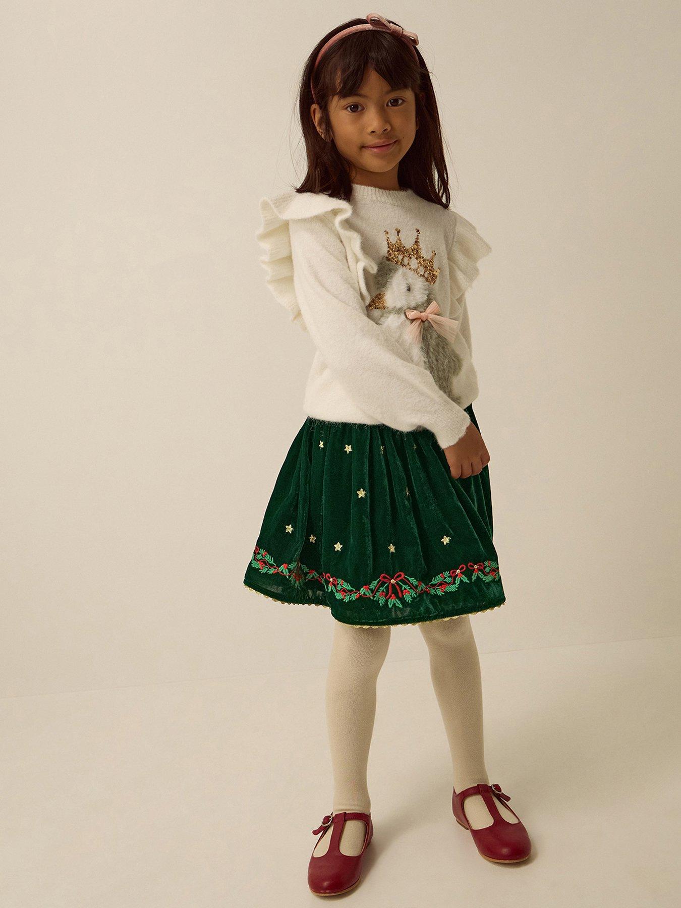Image 1 of 4 of Monsoon Girls Velvet Embroidered Wreath Lined Skirt - Green