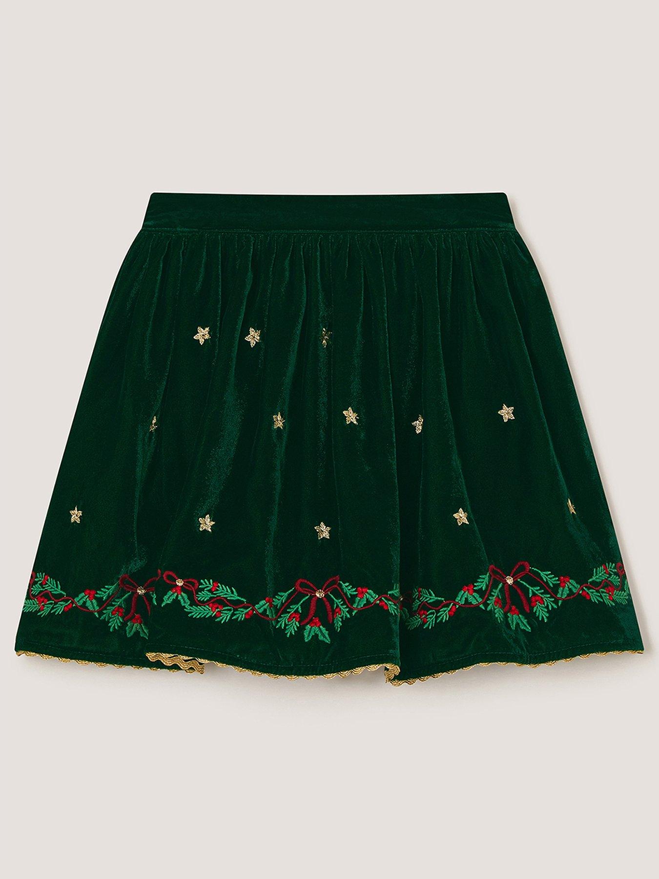 Image 2 of 4 of Monsoon Girls Velvet Embroidered Wreath Lined Skirt - Green