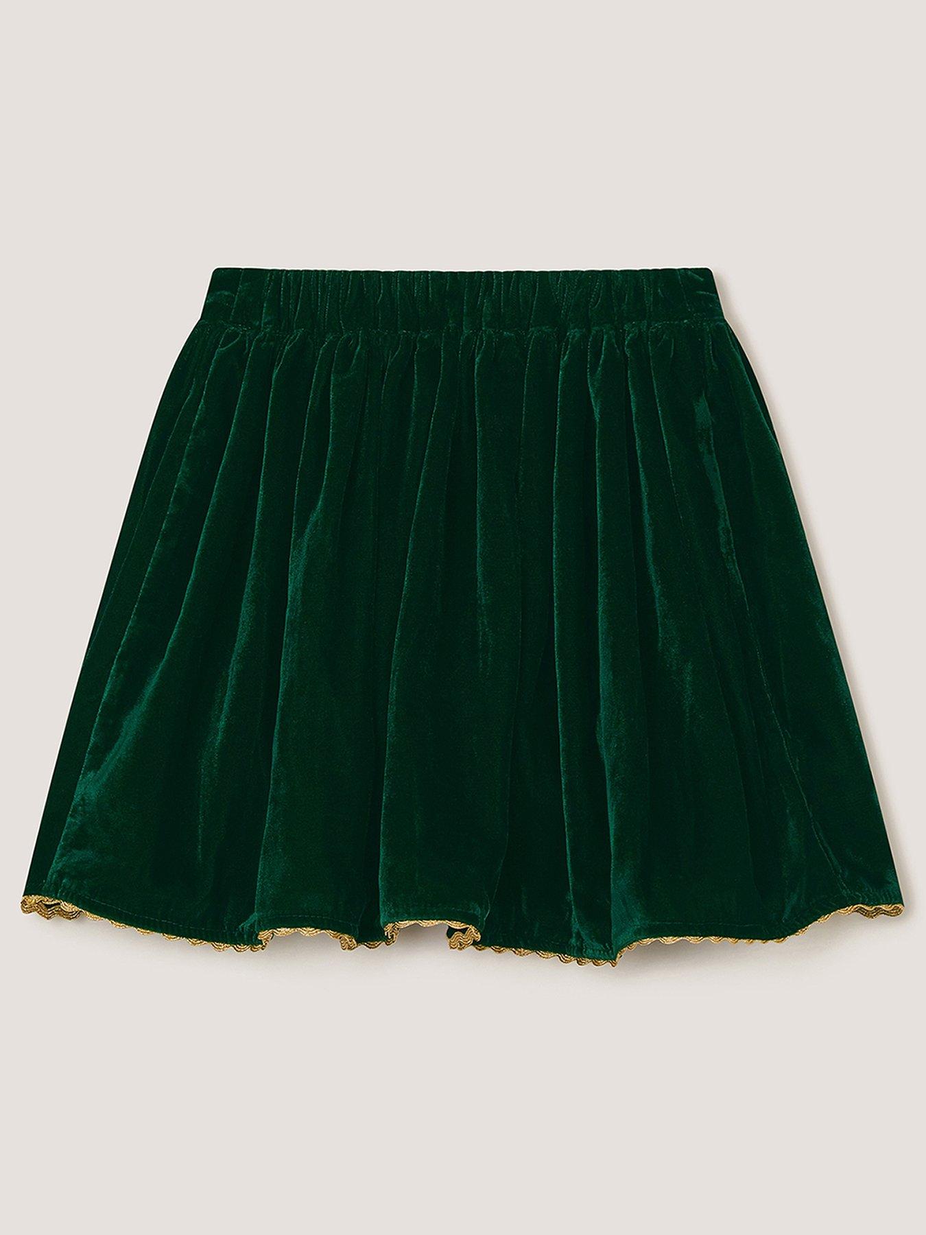 Image 3 of 4 of Monsoon Girls Velvet Embroidered Wreath Lined Skirt - Green