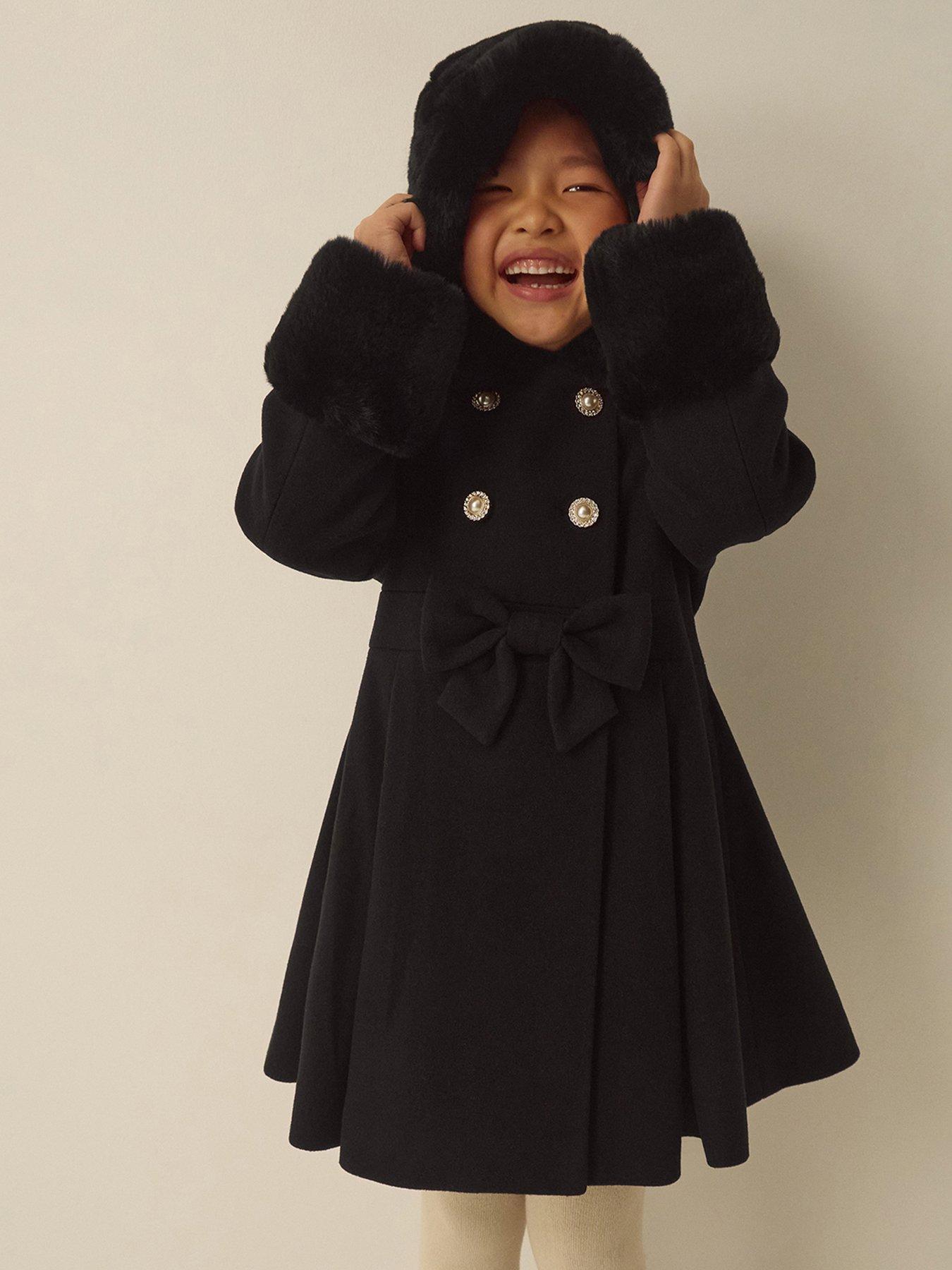 Image 1 of 4 of Monsoon Girls Double-Breasted Faux Fur Bow Princess Coat - Black