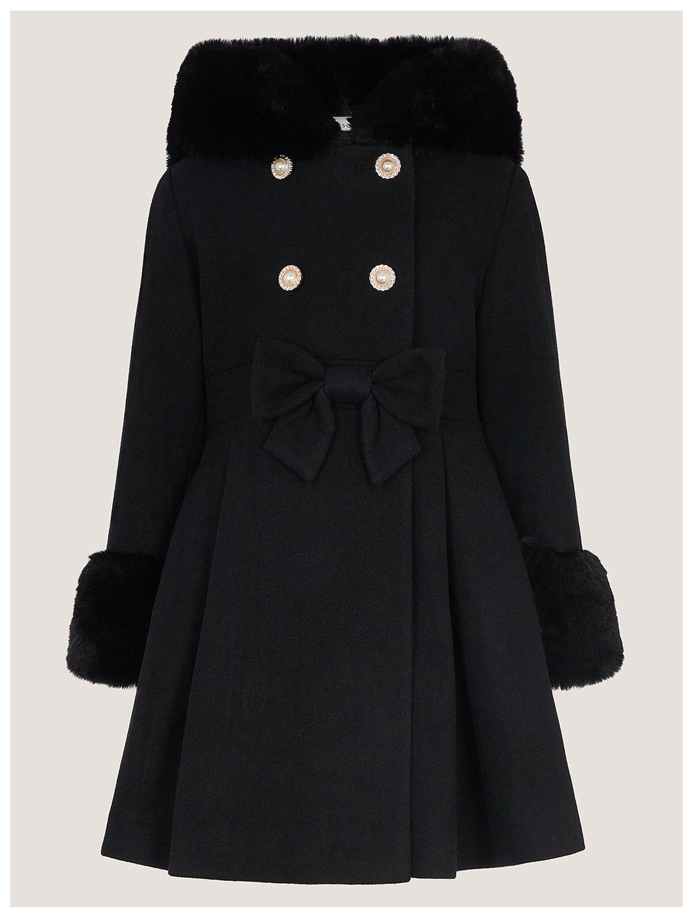 Image 2 of 4 of Monsoon Girls Double-Breasted Faux Fur Bow Princess Coat - Black