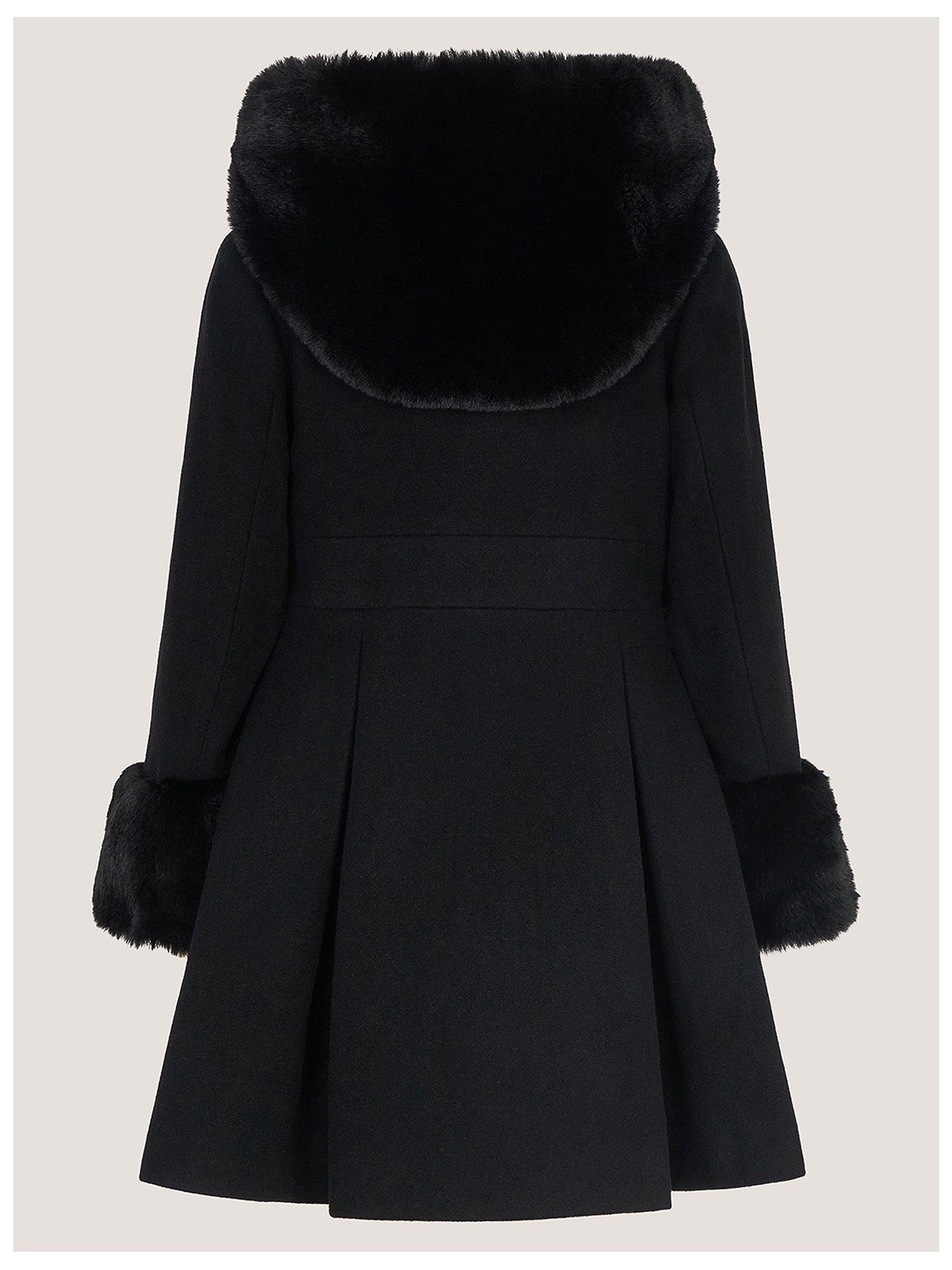 Image 3 of 4 of Monsoon Girls Double-Breasted Faux Fur Bow Princess Coat - Black