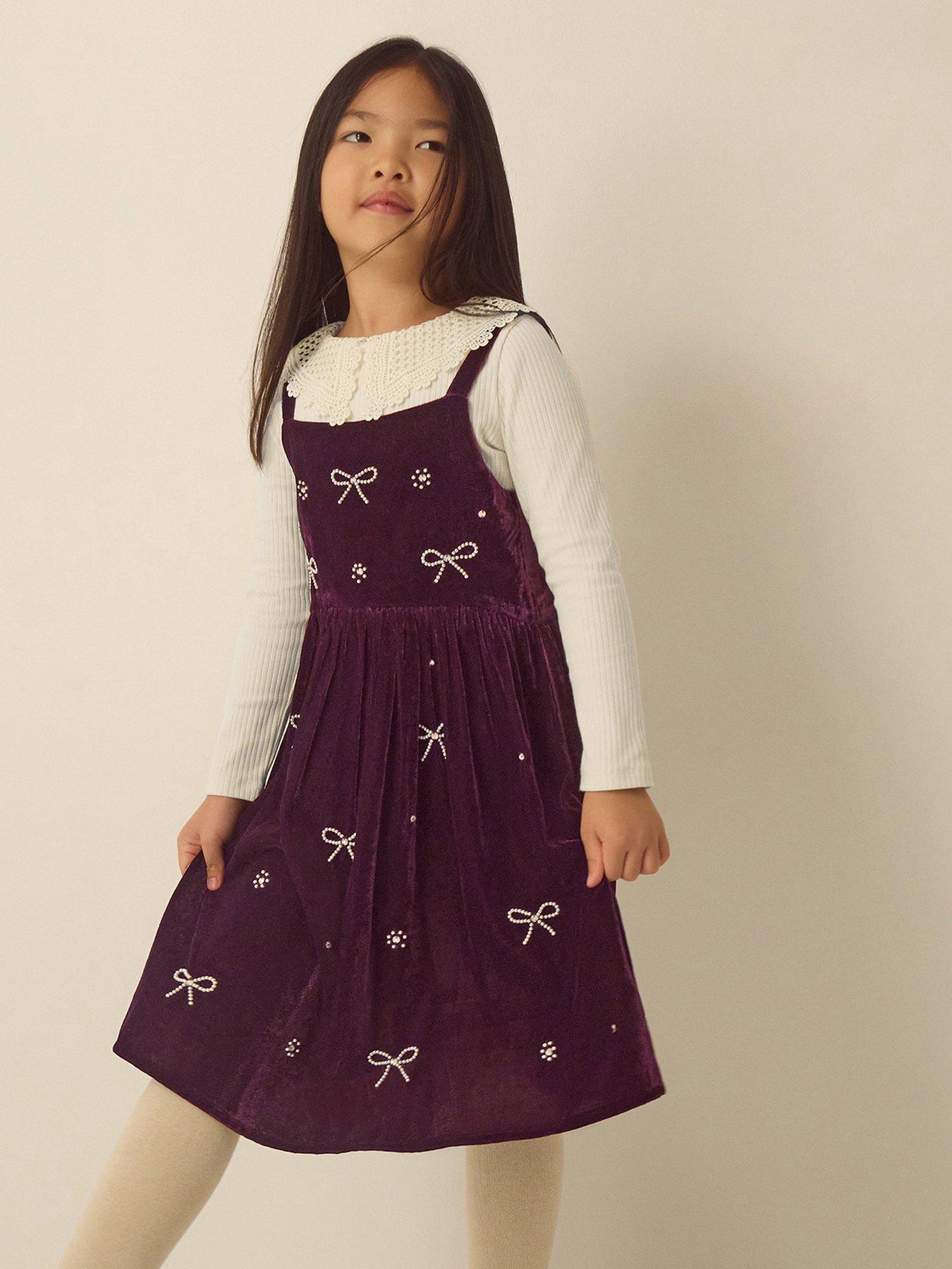 Image 1 of 4 of Monsoon Girls Velvet-Look Embellished Pinny &amp; Rib T-Shirt Dress Set - Dark Red