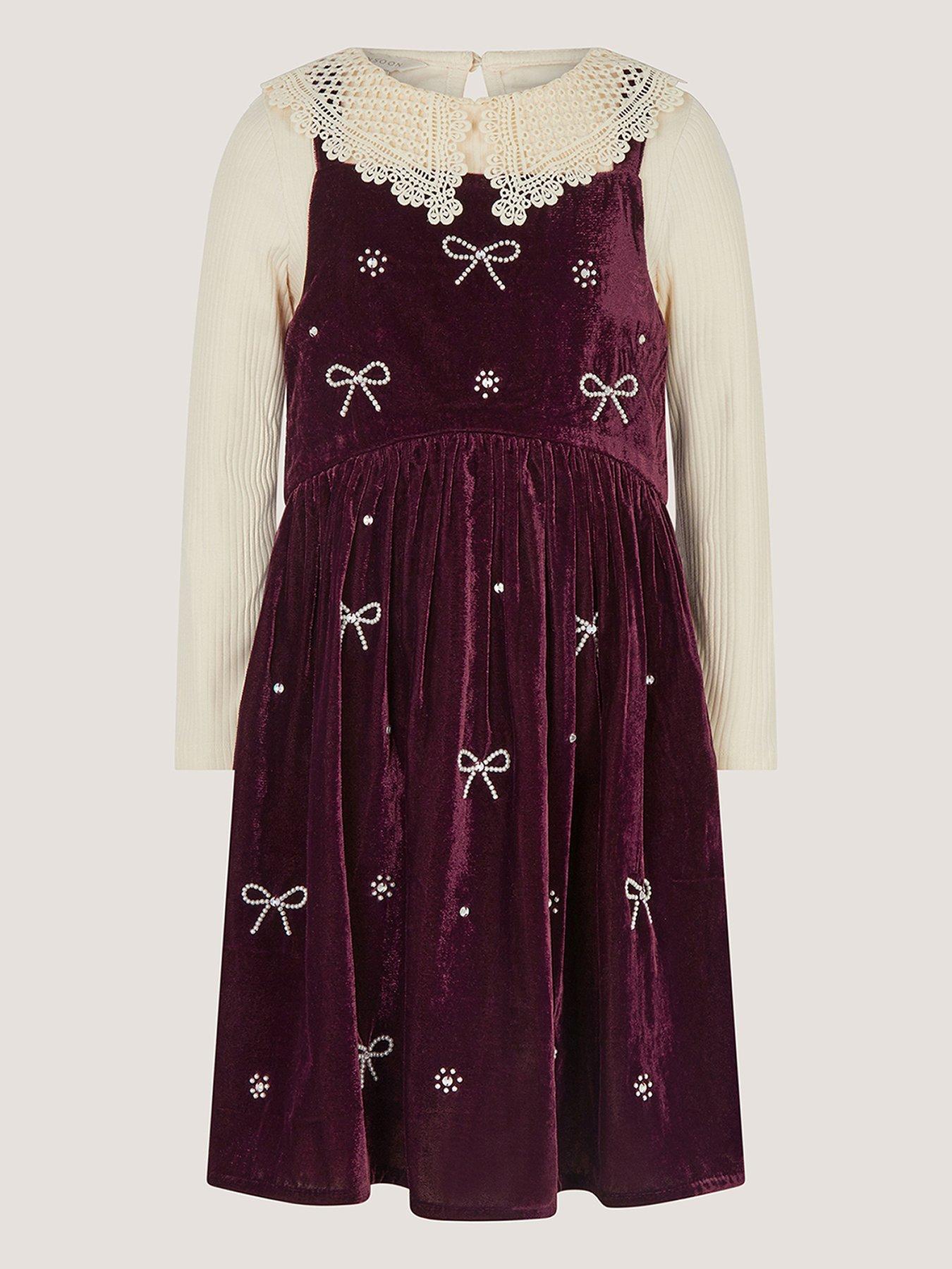 Image 2 of 4 of Monsoon Girls Velvet-Look Embellished Pinny &amp; Rib T-Shirt Dress Set - Dark Red