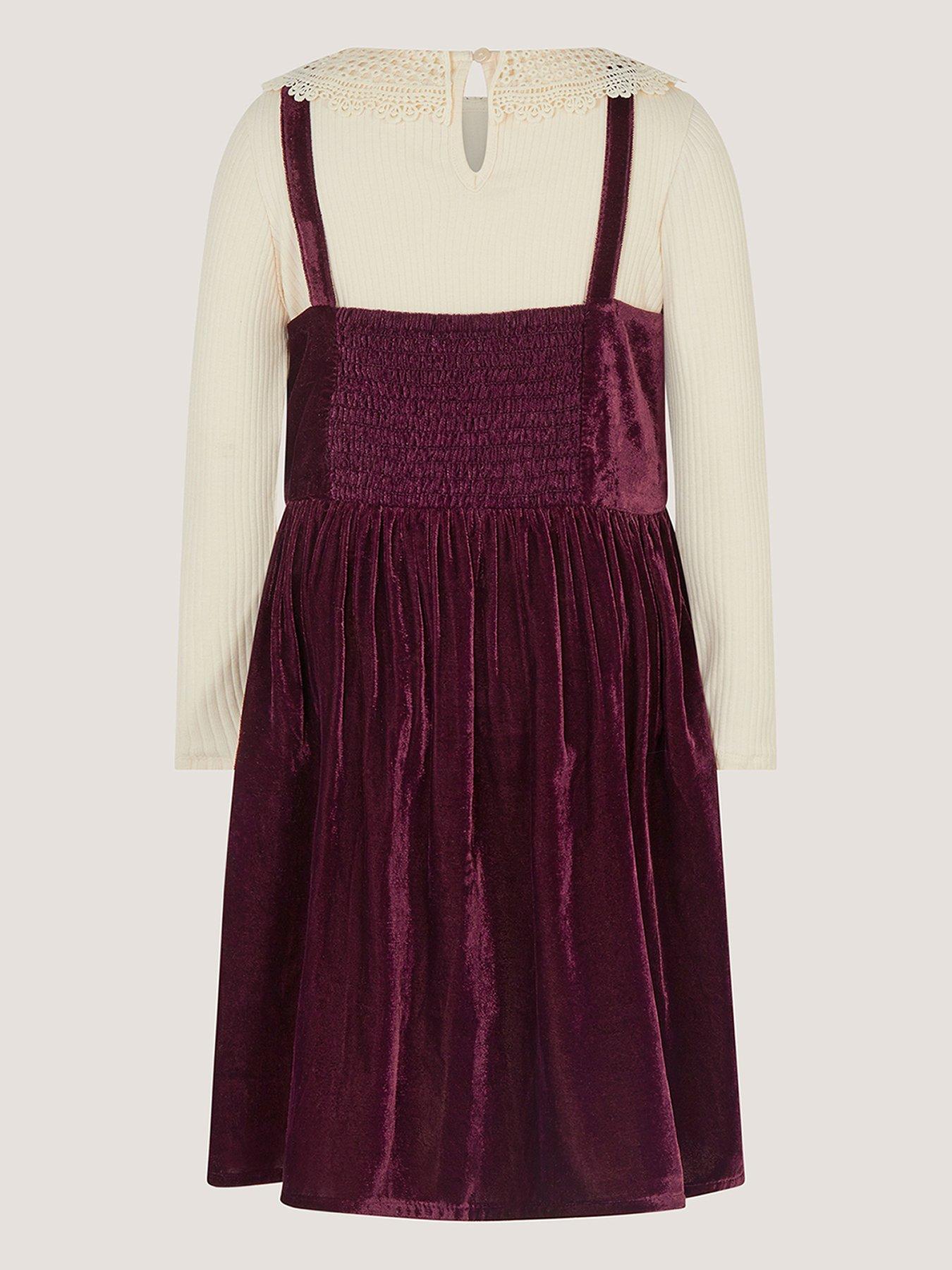 Image 3 of 4 of Monsoon Girls Velvet-Look Embellished Pinny &amp; Rib T-Shirt Dress Set - Dark Red