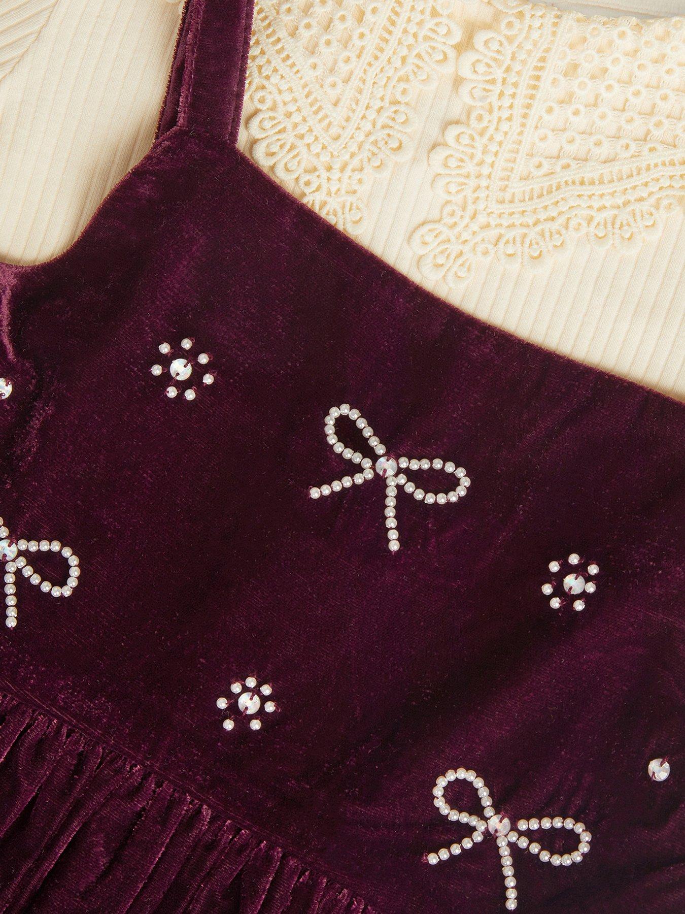 Image 4 of 4 of Monsoon Girls Velvet-Look Embellished Pinny &amp; Rib T-Shirt Dress Set - Dark Red