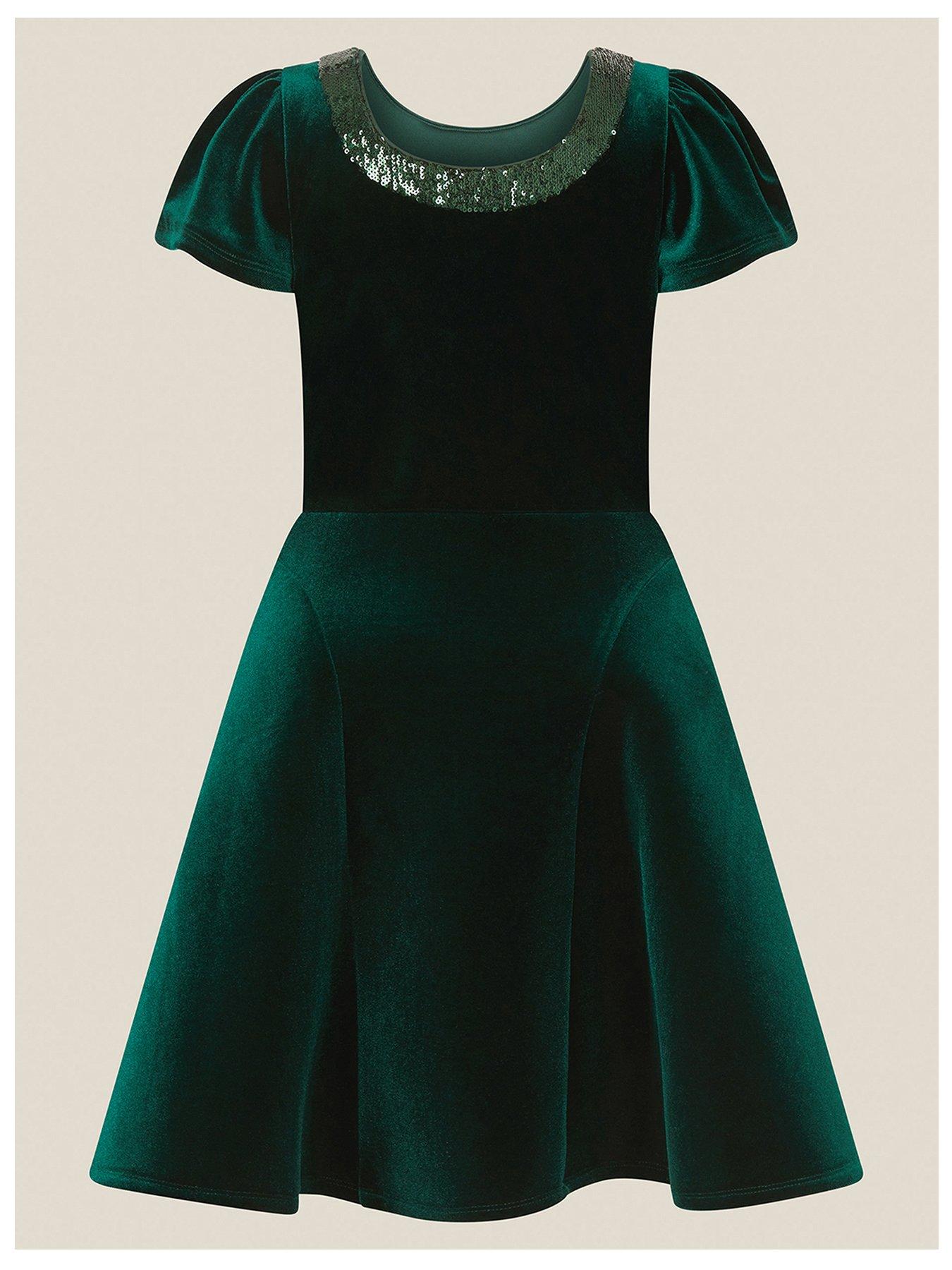 Image 3 of 4 of Monsoon Girls Genevieve Velvet Bow Sequin Trim Dress - Green