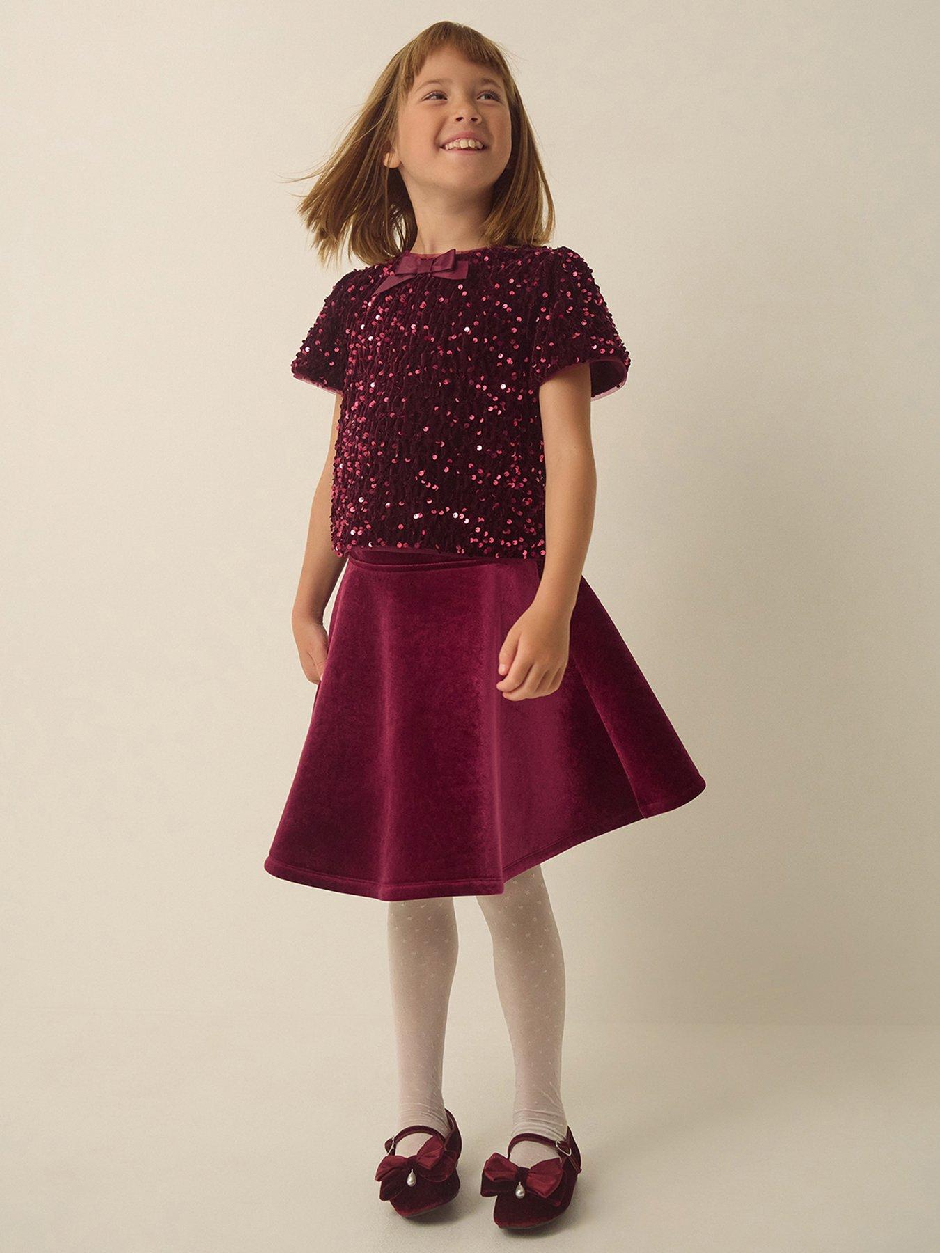 Image 1 of 4 of Monsoon Girls Heidi Velvet Sequin Bow Set - Dark Red